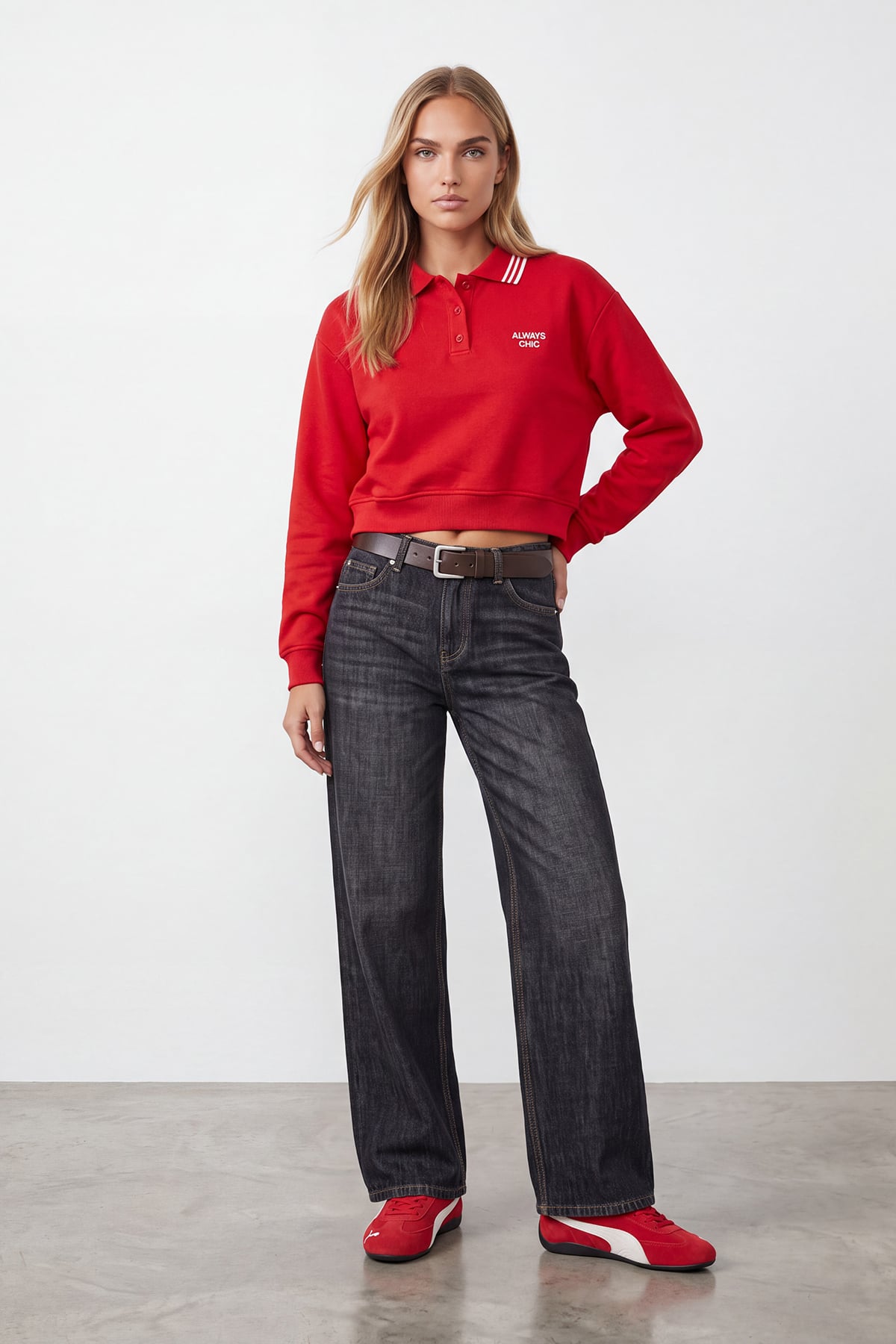 Kadın Kırmızı Ribana Polo Yakalı Nakış Detaylı Şardonlu Üç İplik Sweatshirt Alc-X15960