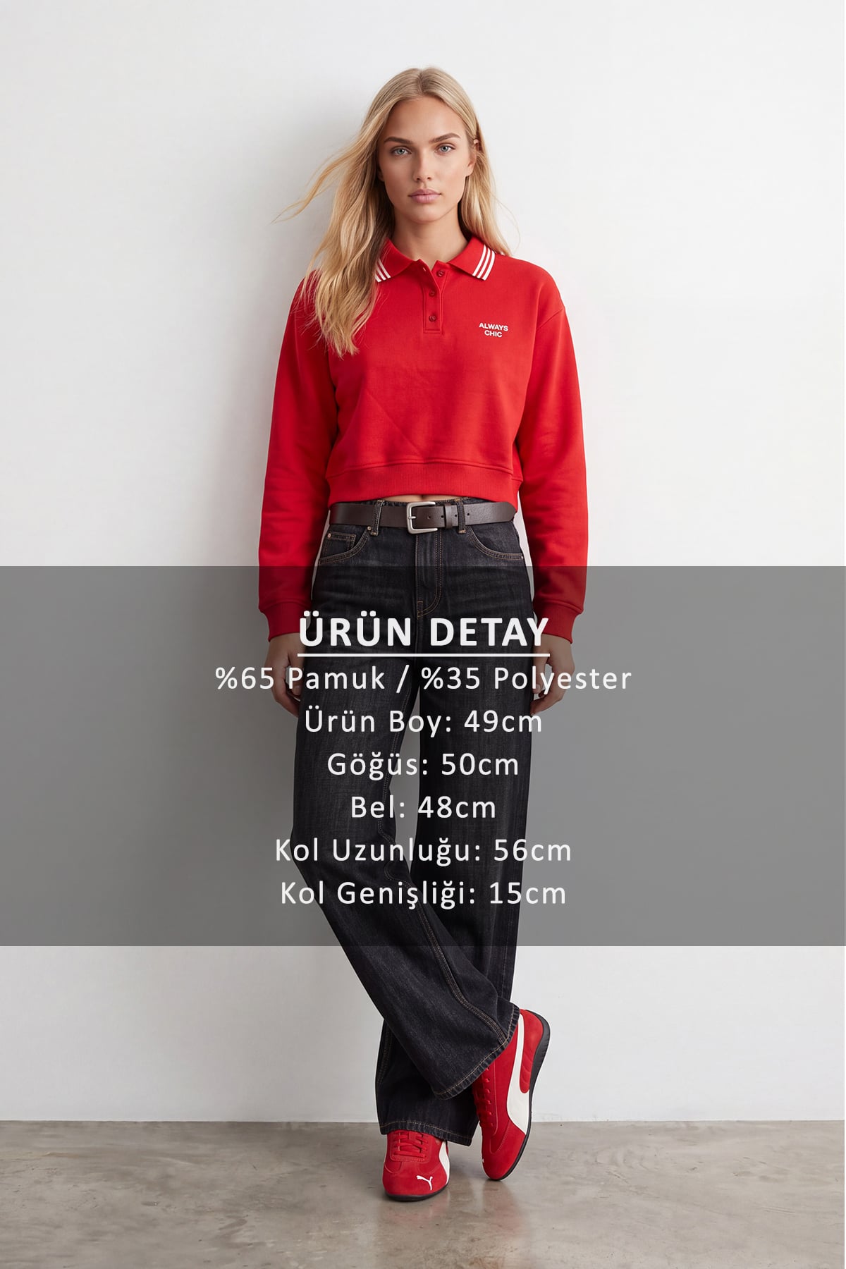 Kadın Kırmızı Ribana Polo Yakalı Nakış Detaylı Şardonlu Üç İplik Sweatshirt Alc-X15960