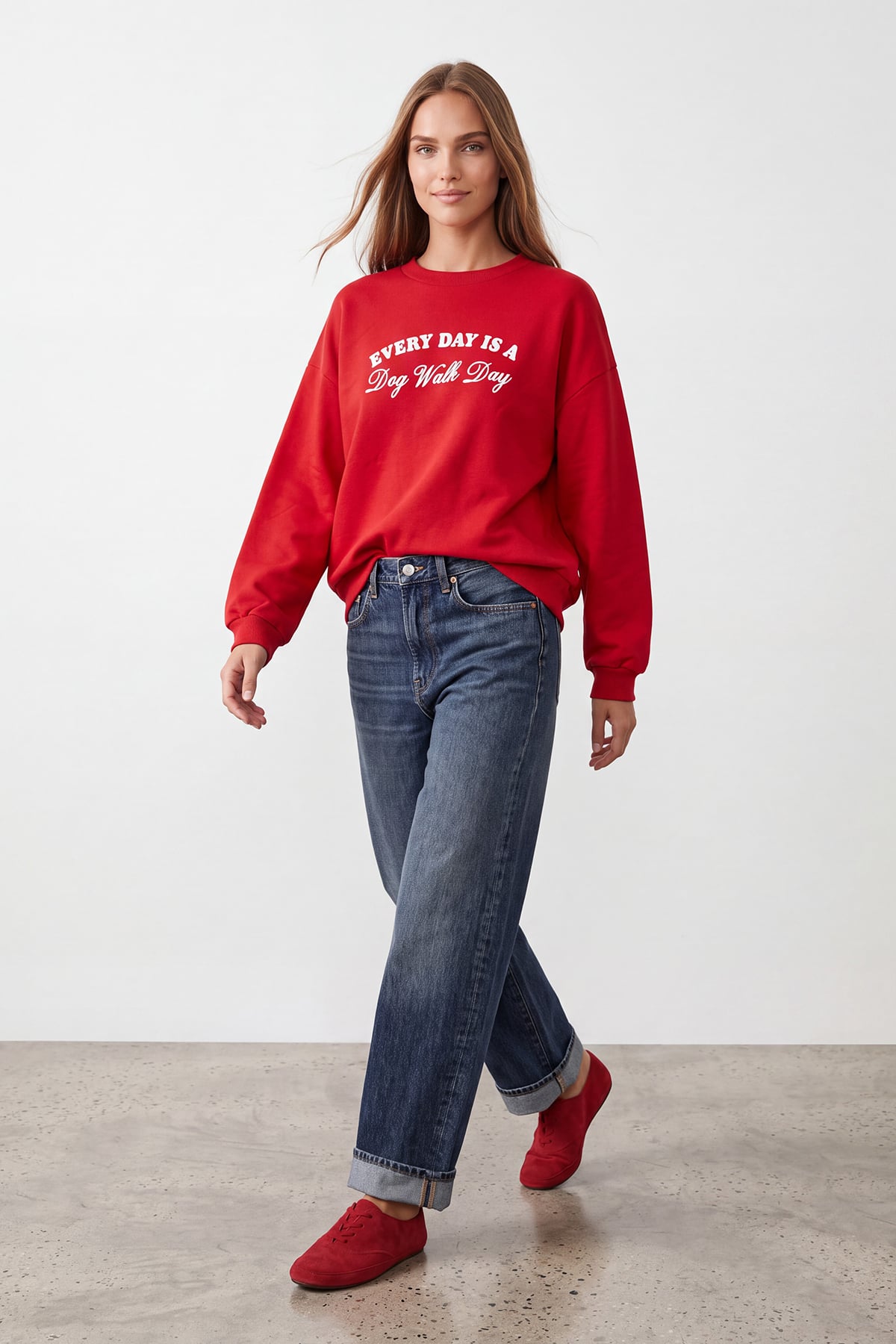 Kadın Kırmızı Ribanalı Bisiklet Yaka Baskılı Şardonlu Üç İplik Sweatshirt Alc-X15961