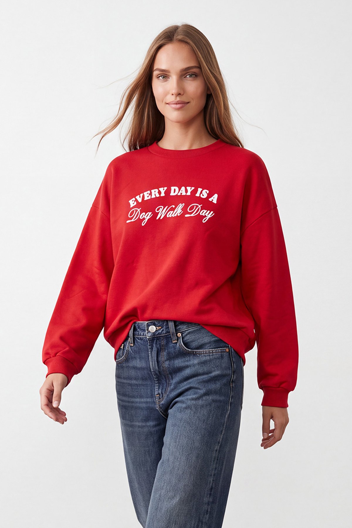 Kadın Kırmızı Ribanalı Bisiklet Yaka Baskılı Şardonlu Üç İplik Sweatshirt Alc-X15961