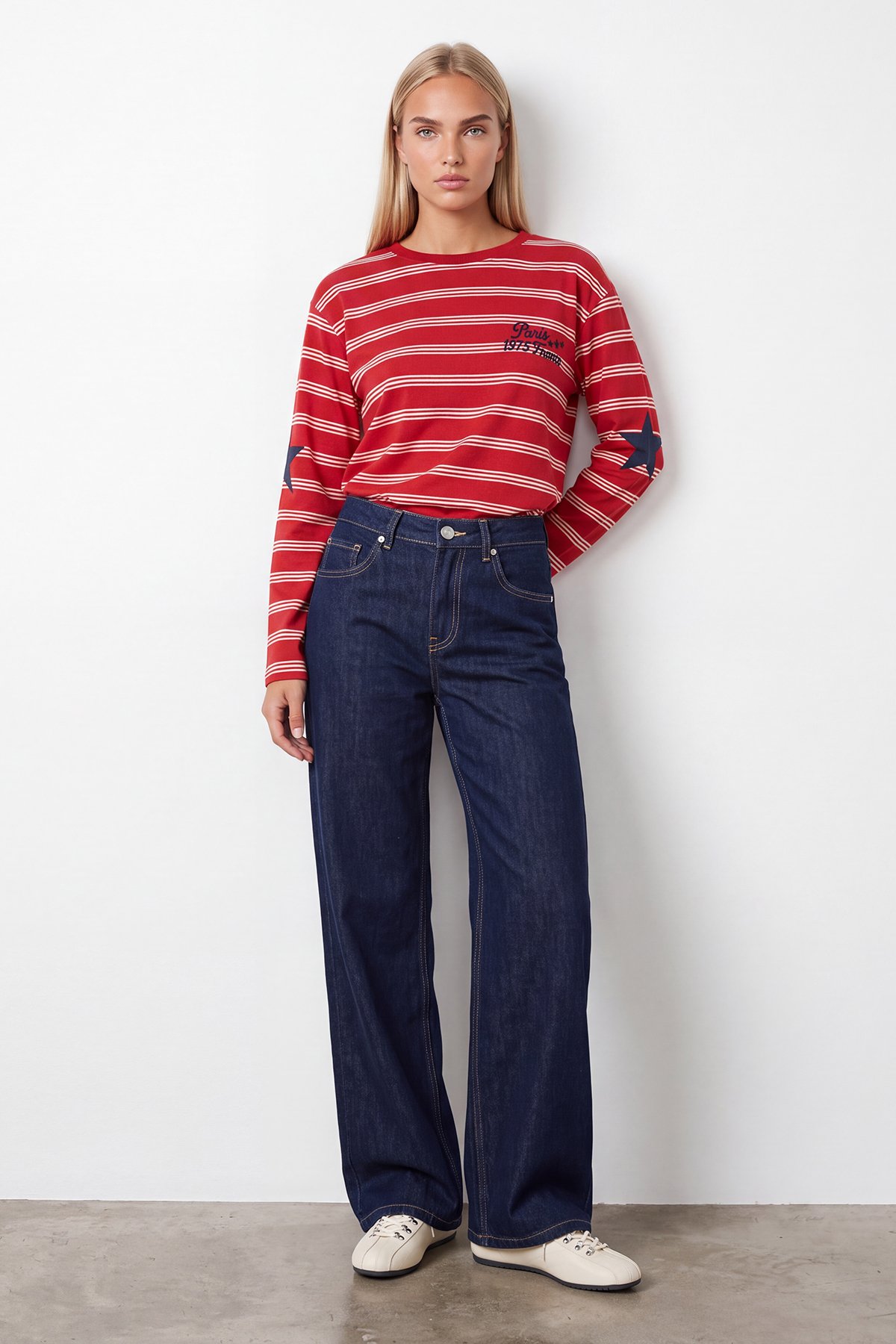 Kadın Kırmızı Ribanalı Bisiklet Yaka Oversize Çizgili Sweatshirt Alc-X15947
