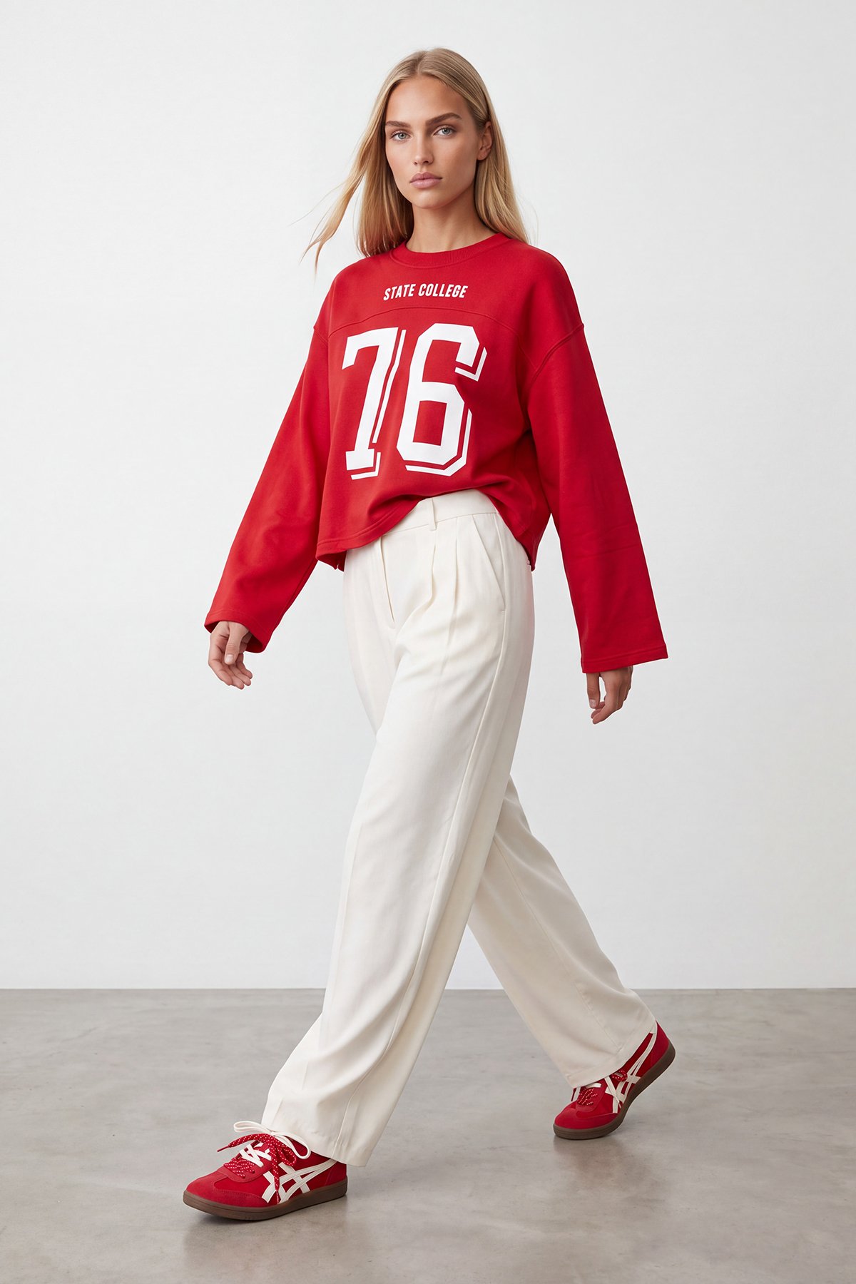 Kadın Kırmızı Ribanalı Bisiklet Yaka Ön Arka Baskılı Üç İplik Sweatshirt Alc-X15962