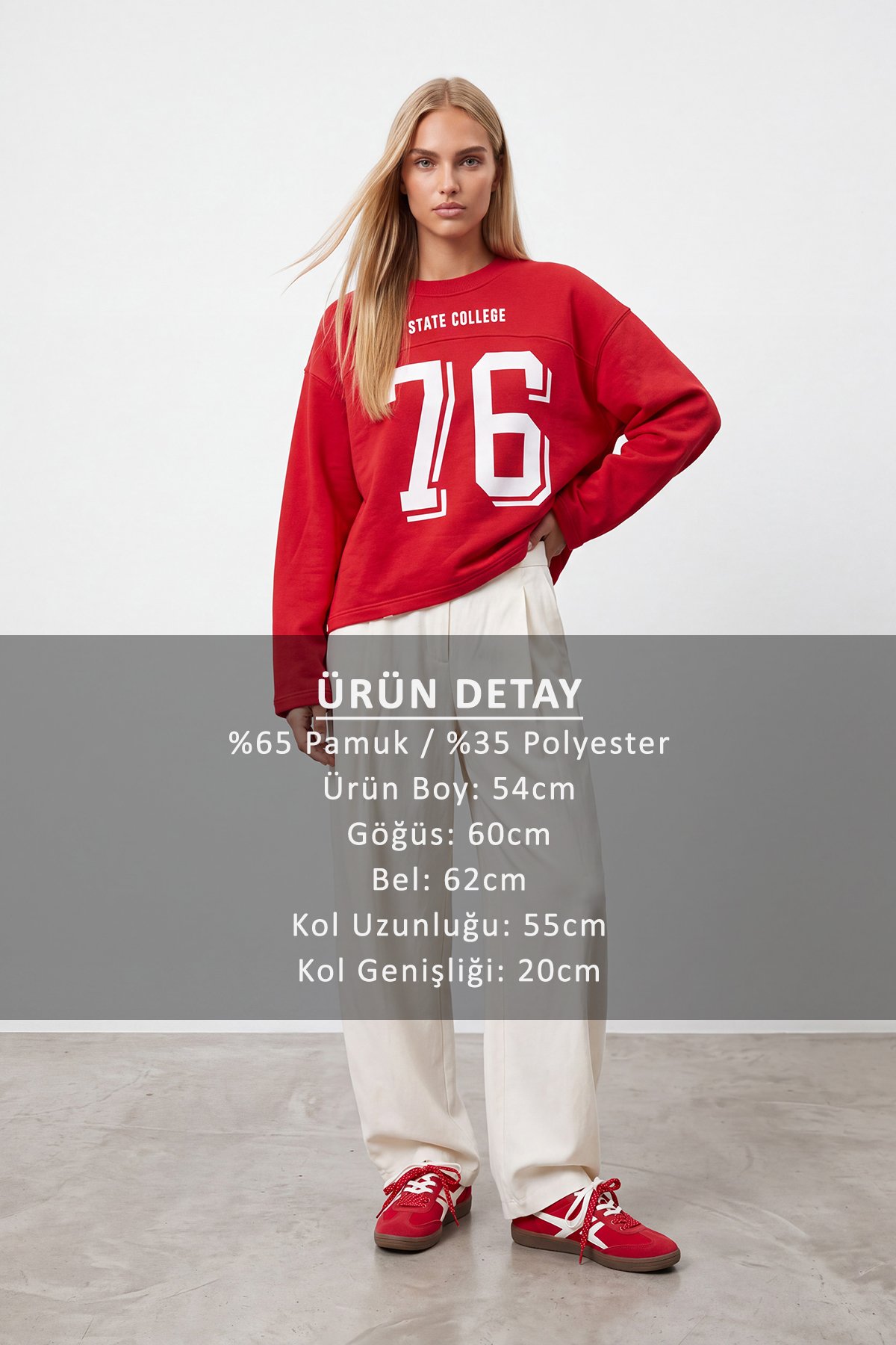 Kadın Kırmızı Ribanalı Bisiklet Yaka Ön Arka Baskılı Üç İplik Sweatshirt Alc-X15962