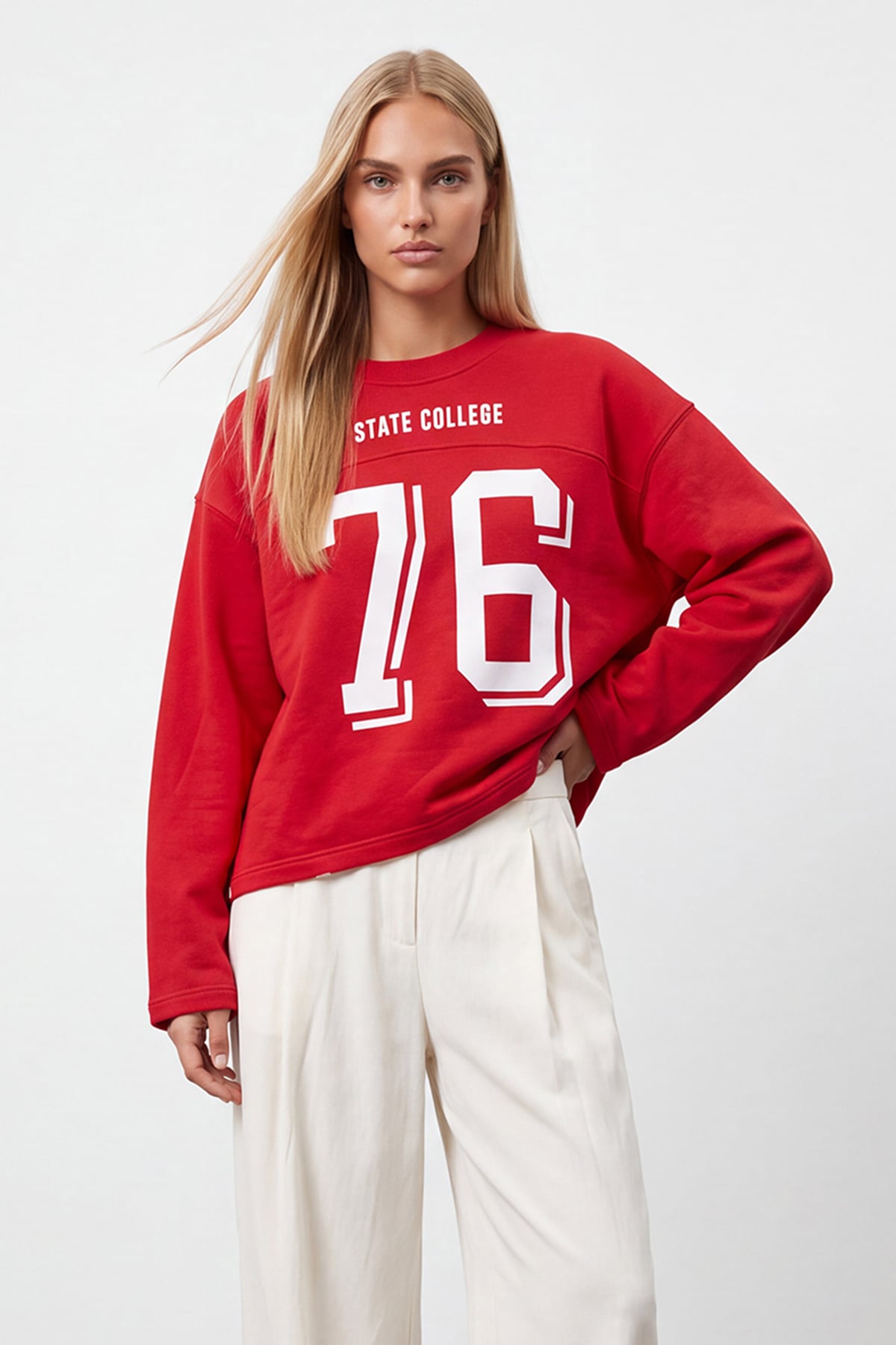 Kadın Kırmızı Ribanalı Bisiklet Yaka Ön Arka Baskılı Üç İplik Sweatshirt Alc-X15962