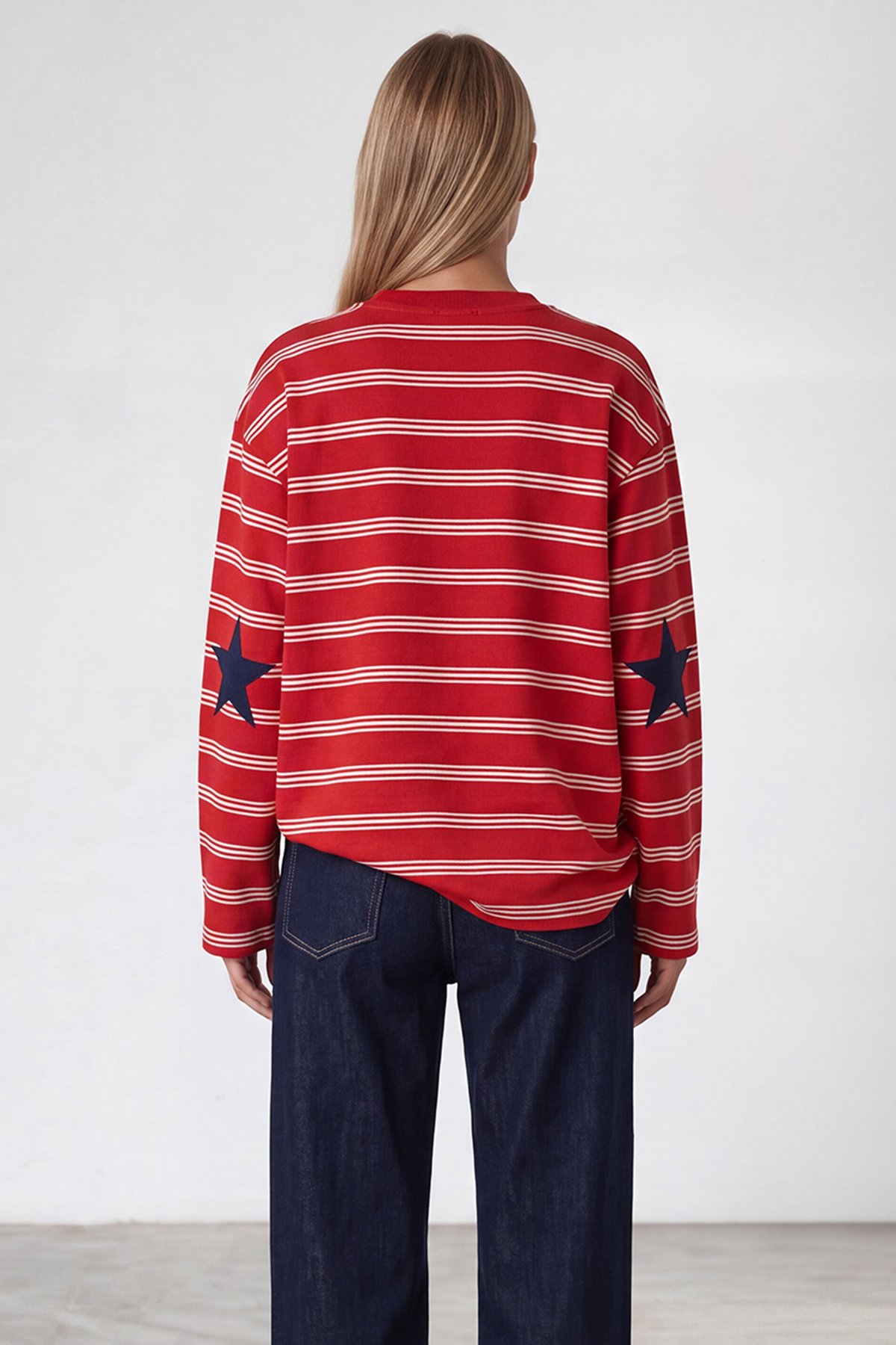 Kadın Kırmızı Ribanalı Bisiklet Yaka Oversize Çizgili Sweatshirt Alc-X15947
