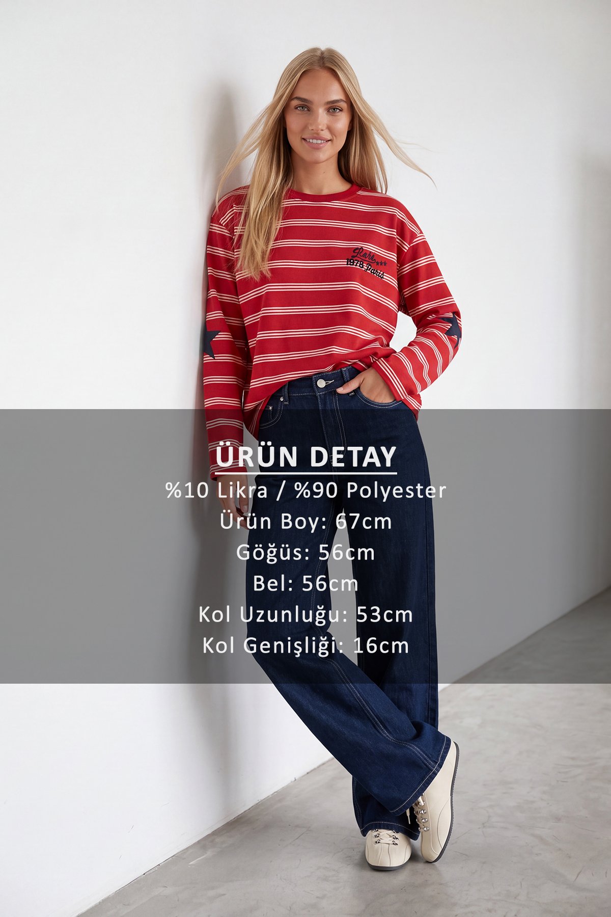 Kadın Kırmızı Ribanalı Bisiklet Yaka Oversize Çizgili Sweatshirt Alc-X15947