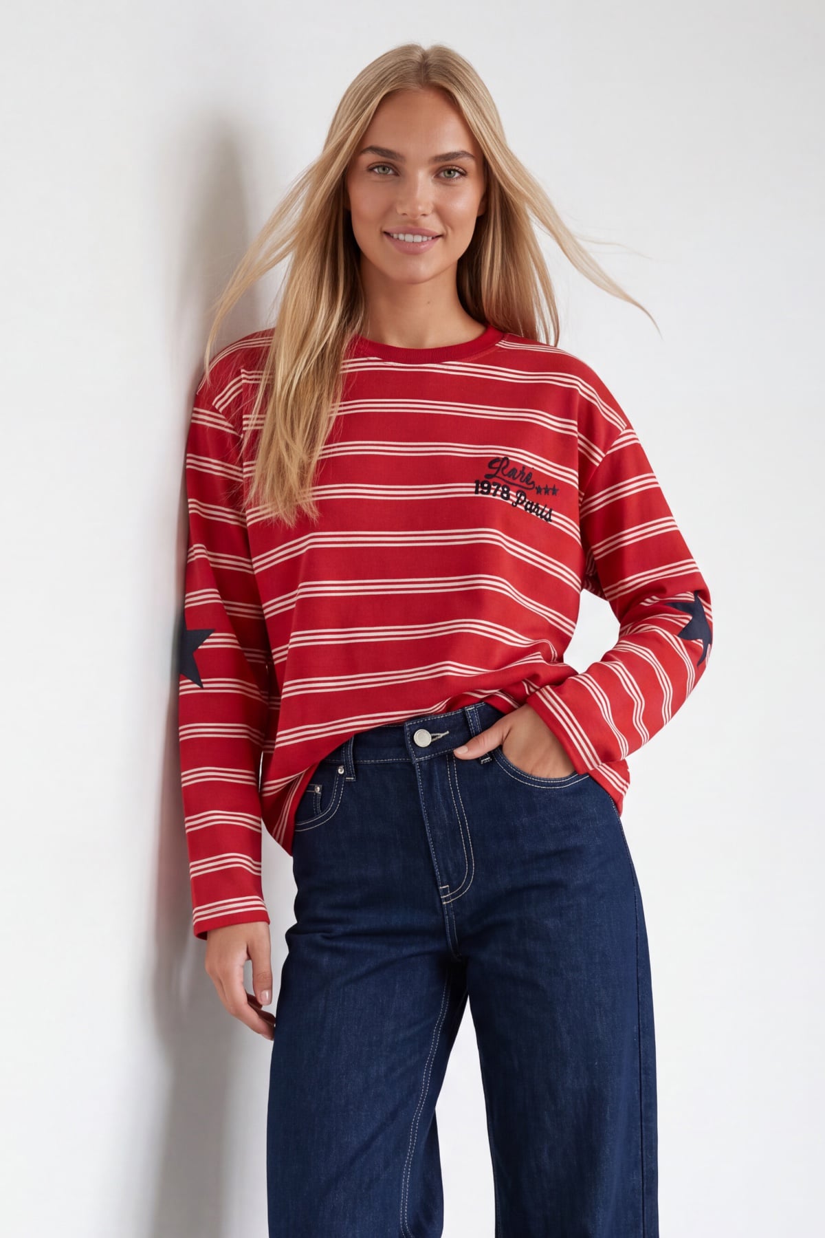 Kadın Kırmızı Ribanalı Bisiklet Yaka Oversize Çizgili Sweatshirt Alc-X15947
