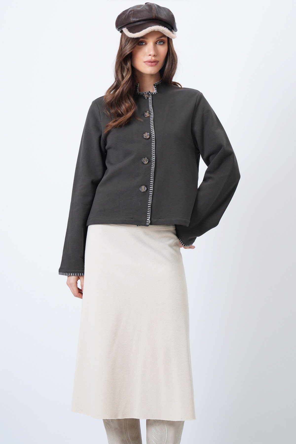 Kadın Koyu Kahve HAKİM YAKA ÇOBAN DİKİŞLİ HIRKA ALC-X14726