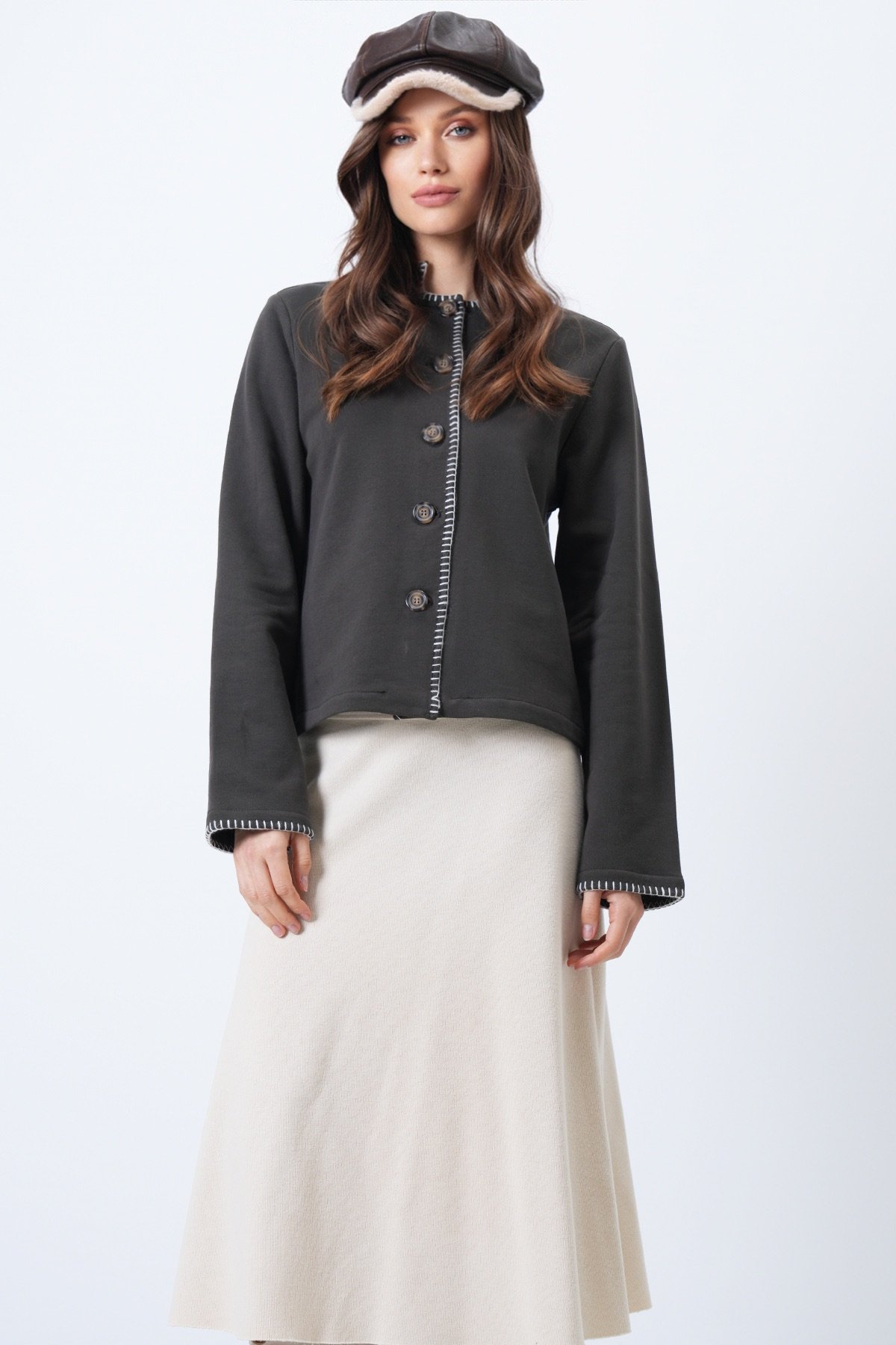 Kadın Koyu Kahve HAKİM YAKA ÇOBAN DİKİŞLİ HIRKA ALC-X14726