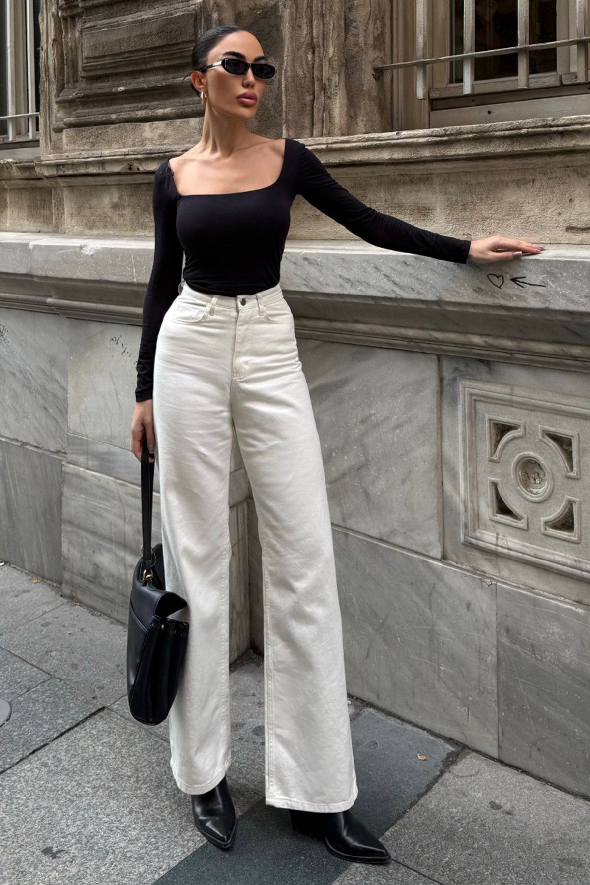 Kadın KREM 5 Cepli Yüksek Bel Palazzo Jean VS01638