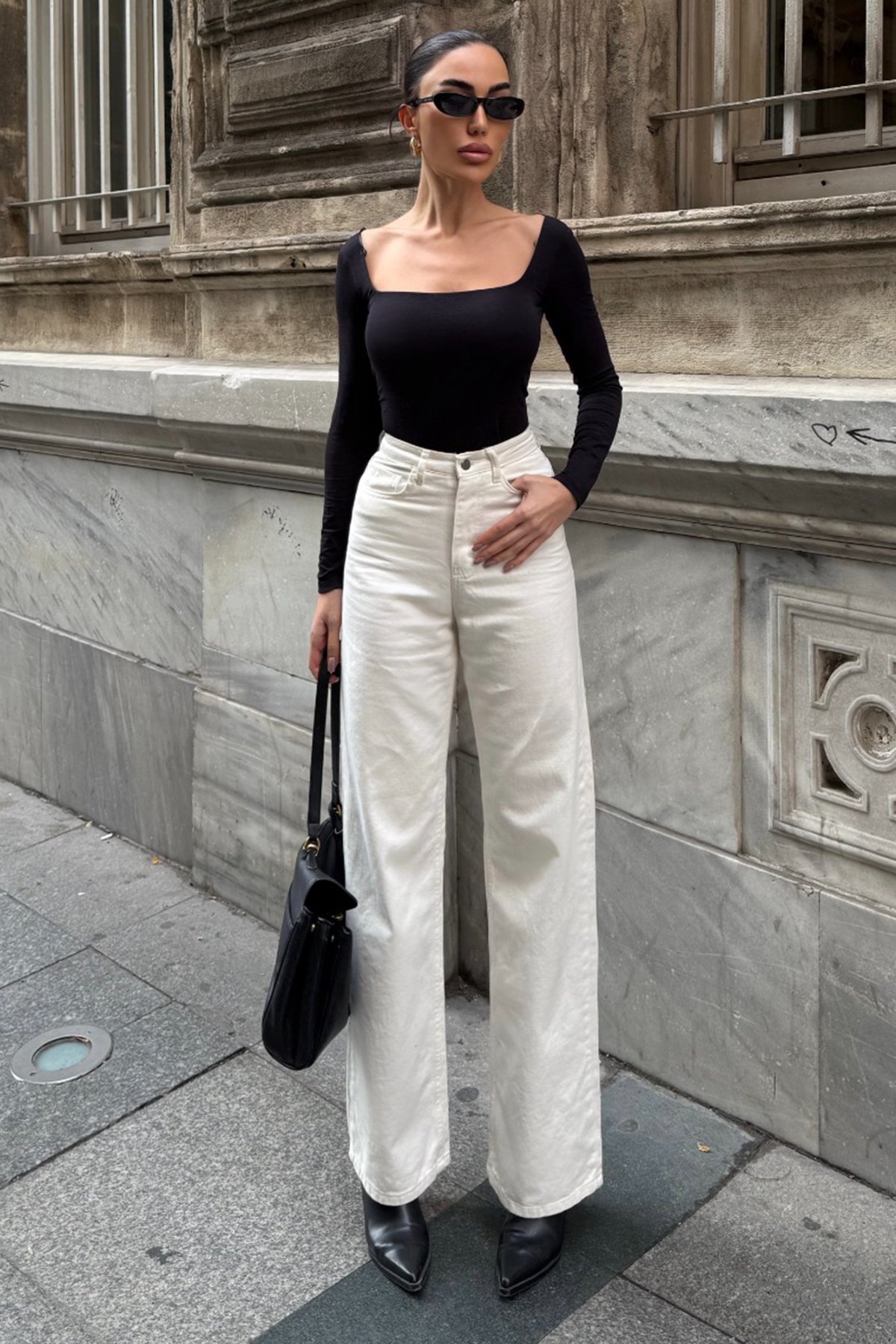 Kadın KREM 5 Cepli Yüksek Bel Palazzo Jean VS01638