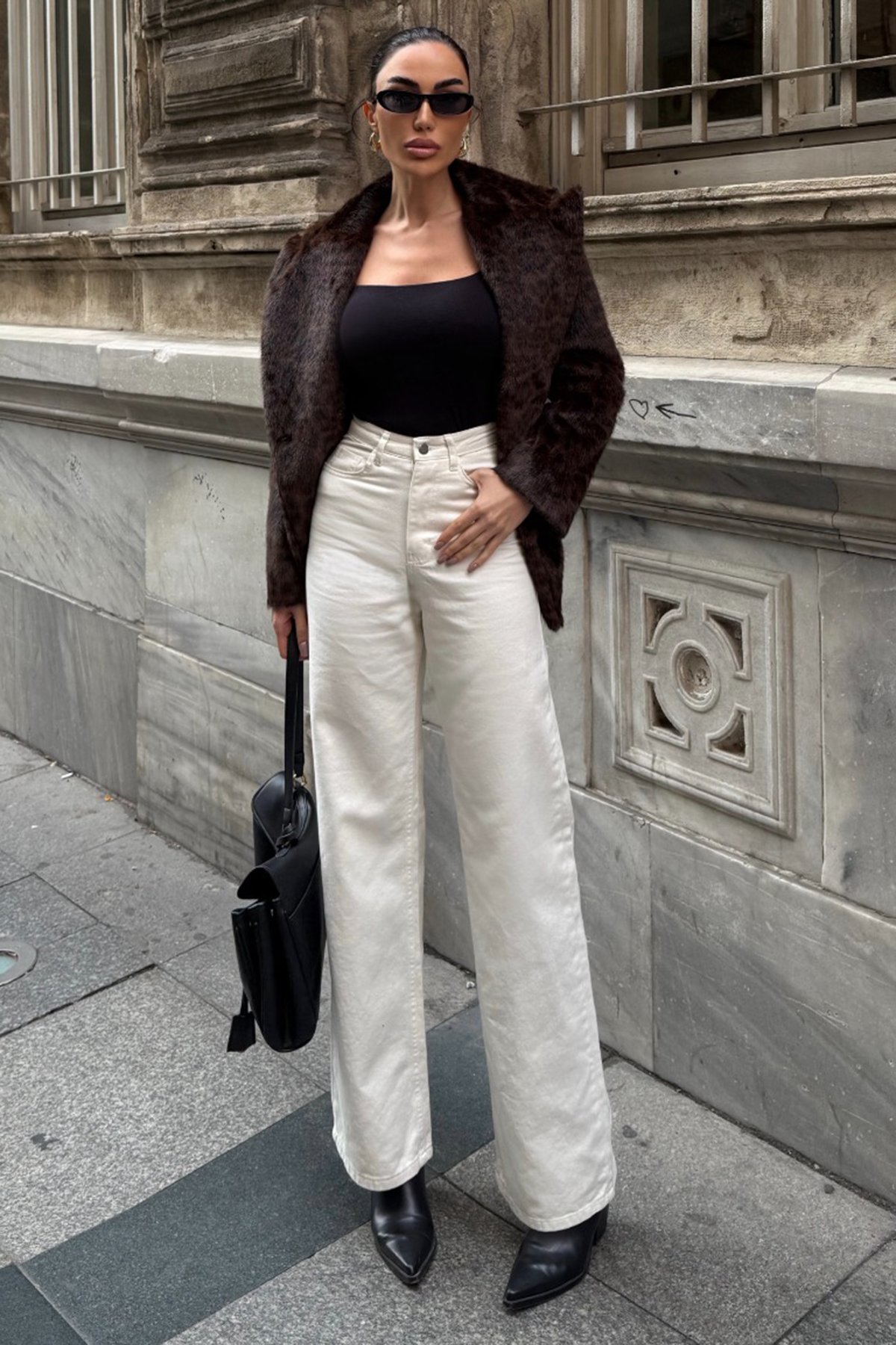 Kadın KREM 5 Cepli Yüksek Bel Palazzo Jean VS01638