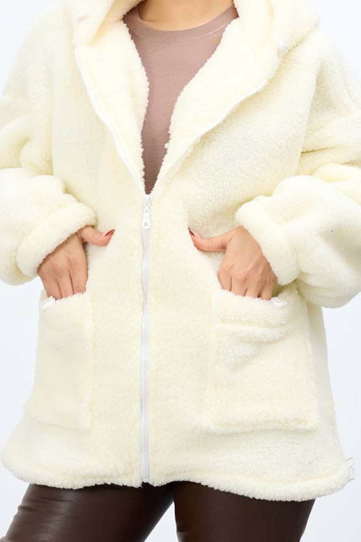 Kadın KREM Çift Cepli Fermuar Kapamalı Kapüşonlu Peluş Ceket VS01682