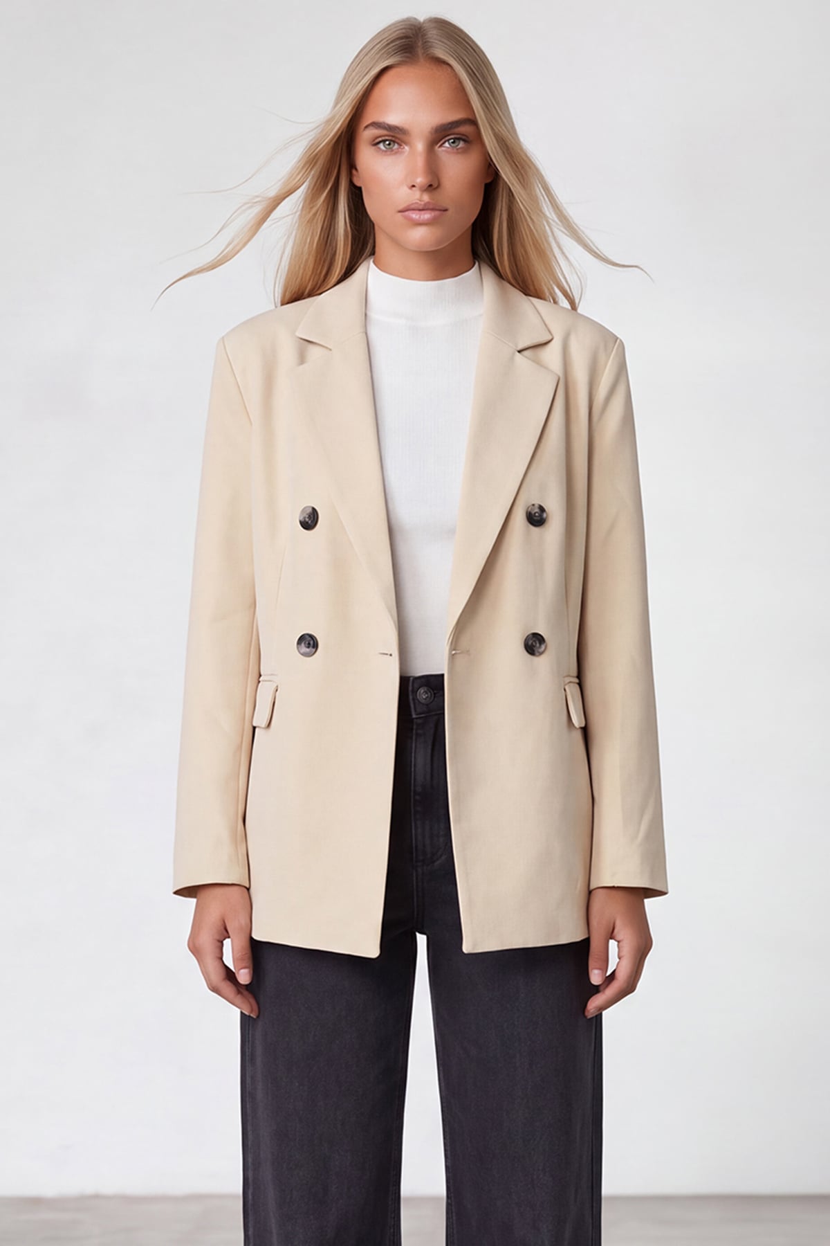 Kadın KREM Kruvaze Yaka Düğmeli Blazer Ceket ALC-X15732