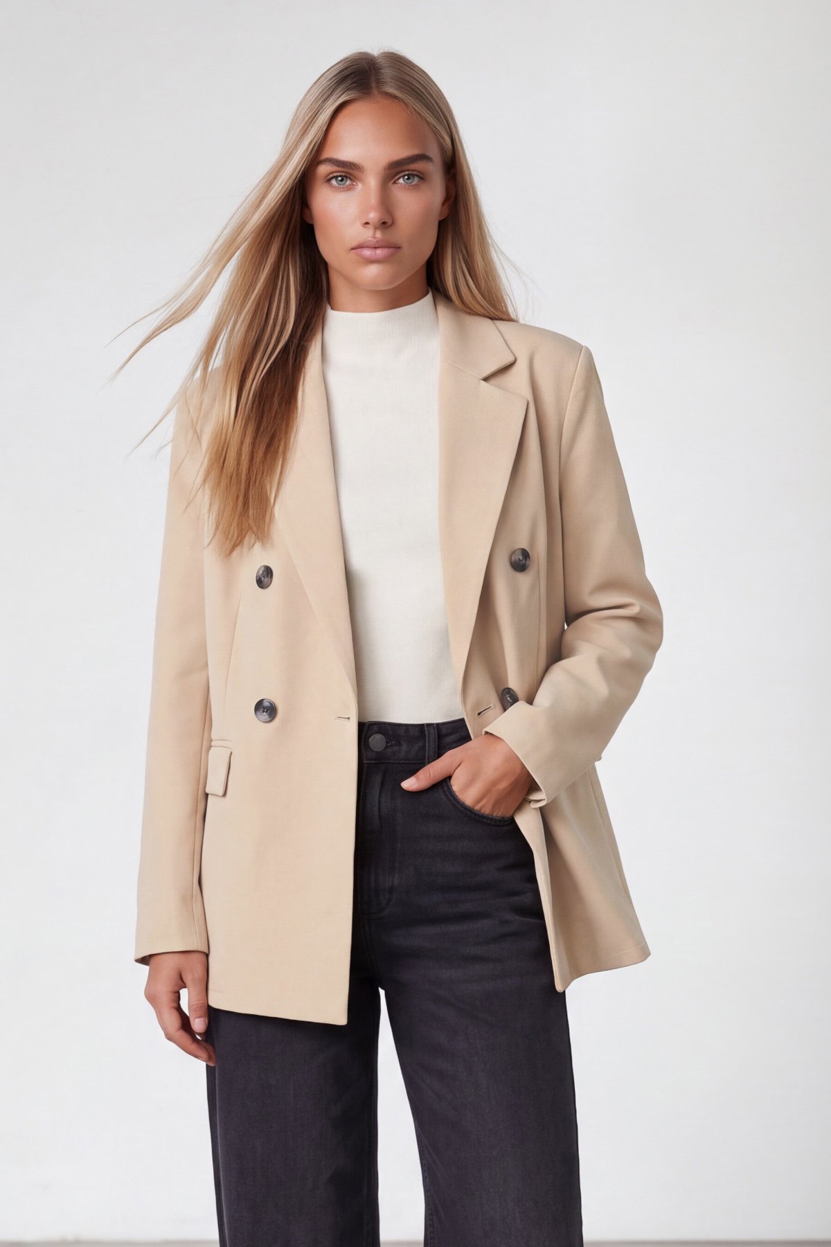 Kadın KREM Kruvaze Yaka Düğmeli Blazer Ceket ALC-X15732