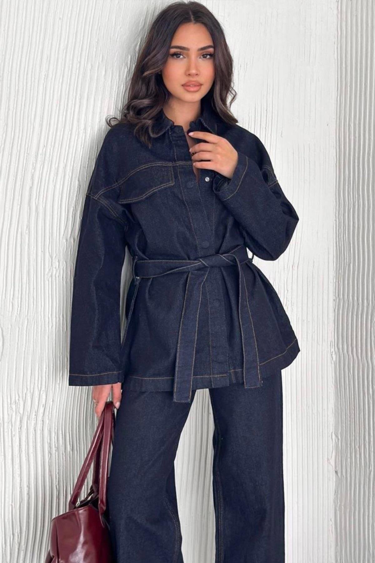 Kadın Lacivert Bağlamalı Gömlke Ve 5 Cepli Palazzo Pantolon Denim Takım Vs01637