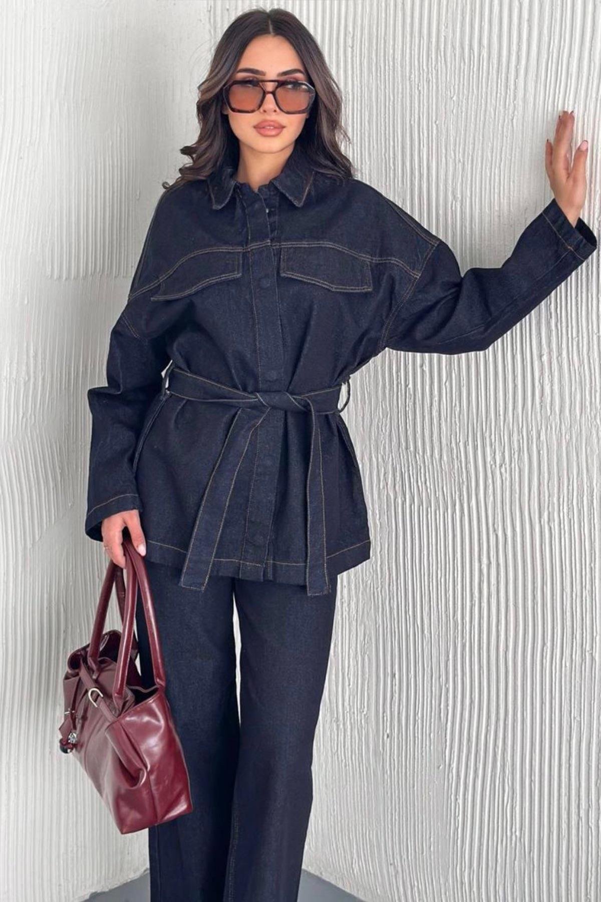 Kadın Lacivert Bağlamalı Gömlke Ve 5 Cepli Palazzo Pantolon Denim Takım Vs01637