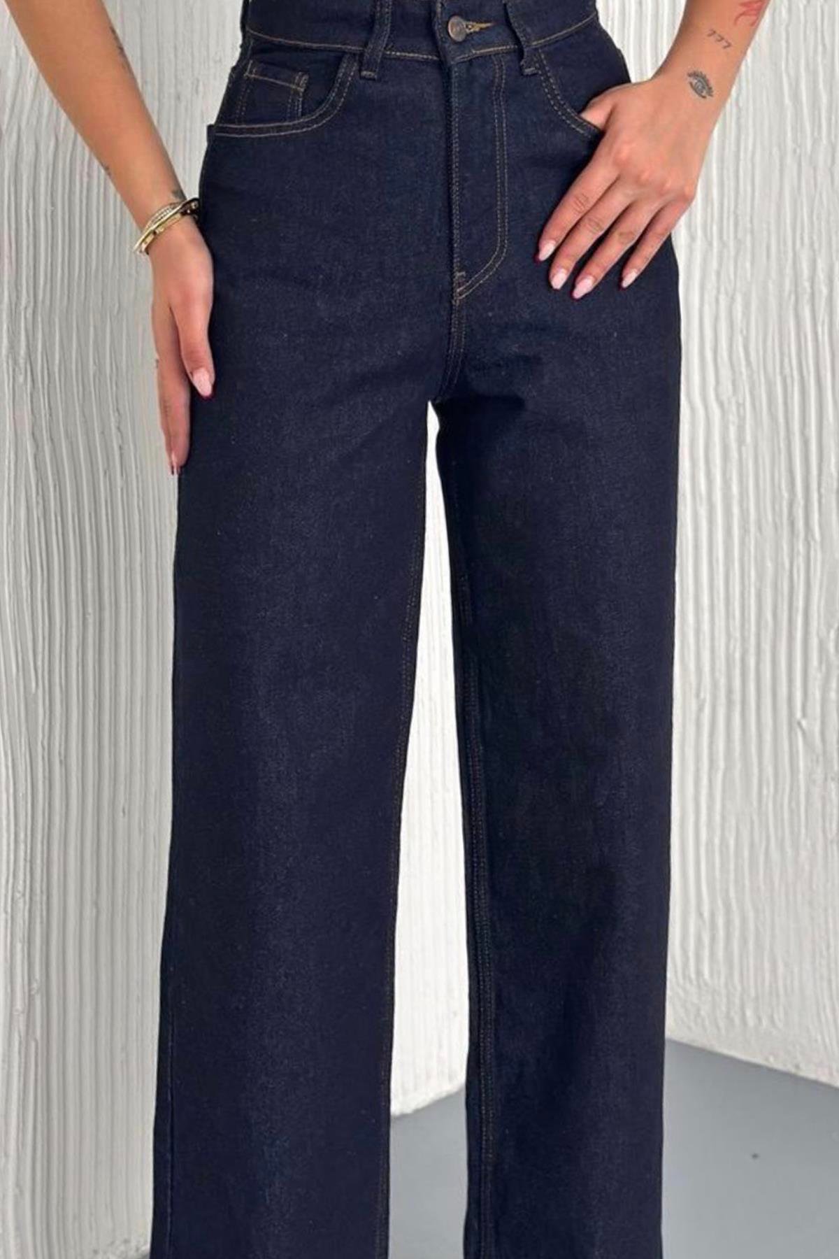 Kadın Lacivert Bağlamalı Gömlke Ve 5 Cepli Palazzo Pantolon Denim Takım Vs01637