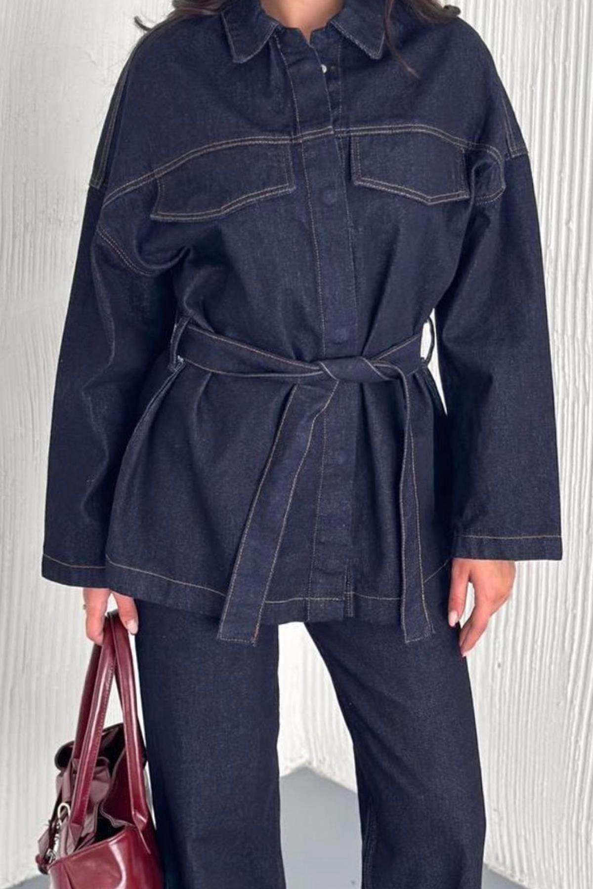 Kadın Lacivert Bağlamalı Gömlke Ve 5 Cepli Palazzo Pantolon Denim Takım Vs01637