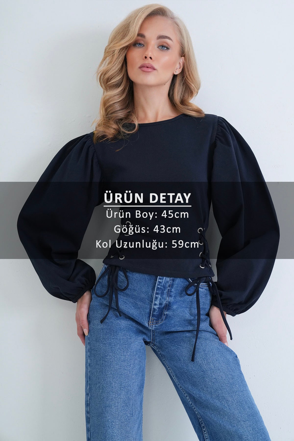 Kadın LACİVERT Bisiklet Yaka Balon Kol Kuş Gözü Detaylı Örme Crop Bluz ALC-X10871