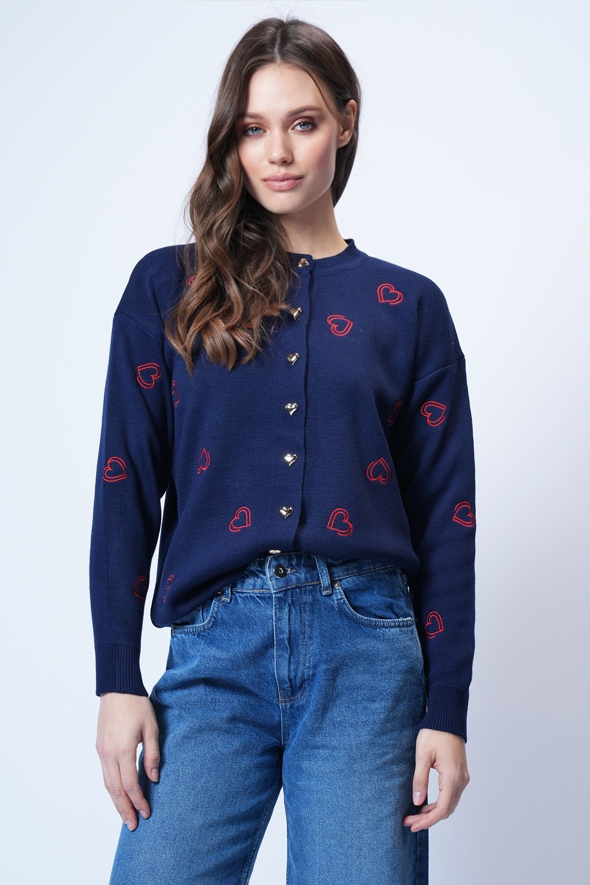 Kadın Lacivert Bisiklet Yaka Kalp Nakışlı Triko Hırka Alc-X14756