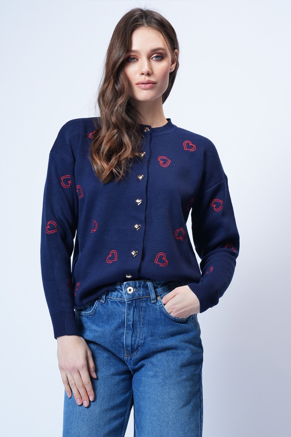 Kadın Lacivert Bisiklet Yaka Kalp Nakışlı Triko Hırka Alc-X14756