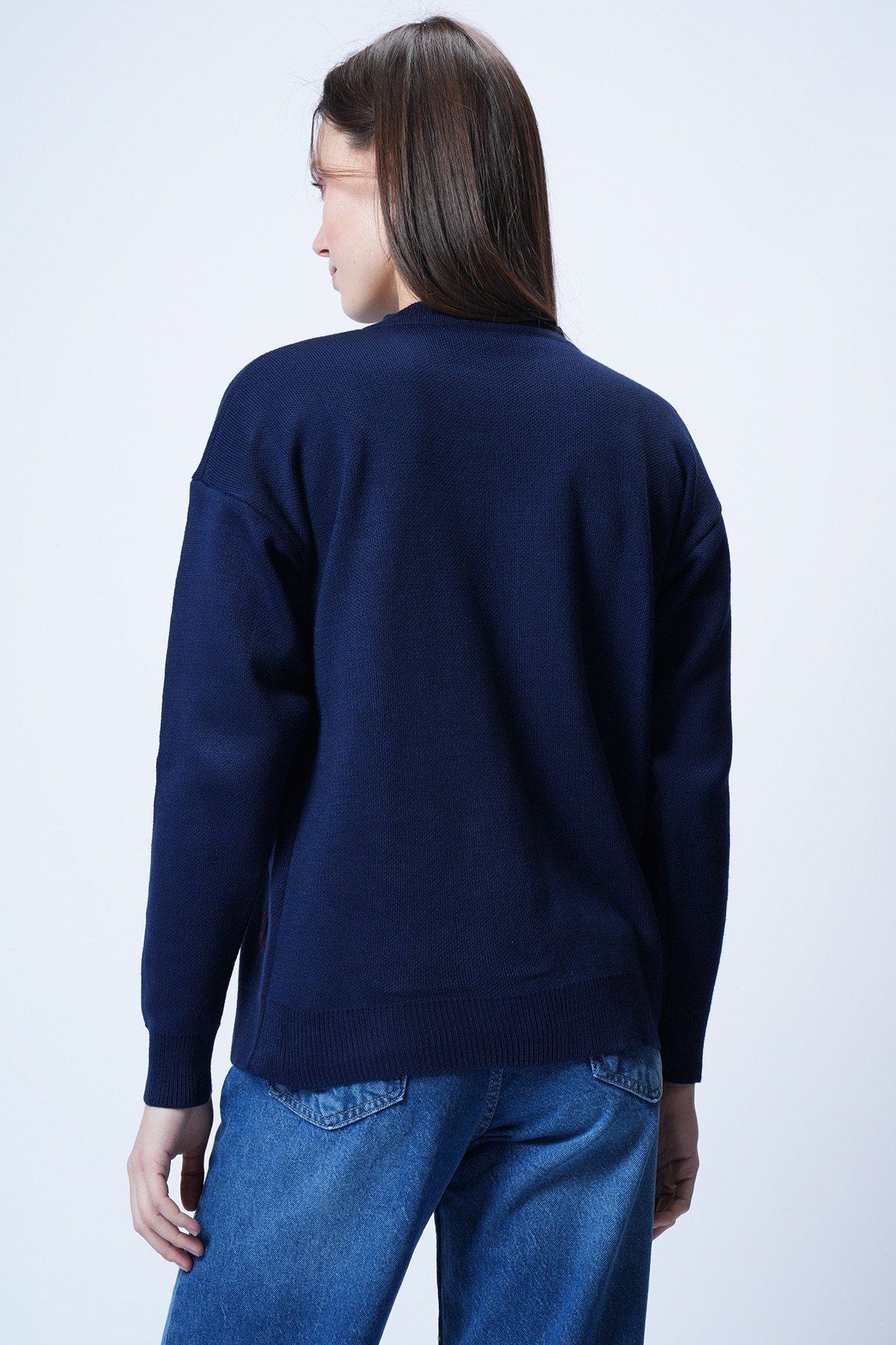 Kadın Lacivert Bisiklet Yaka Kalp Nakışlı Triko Hırka Alc-X14756