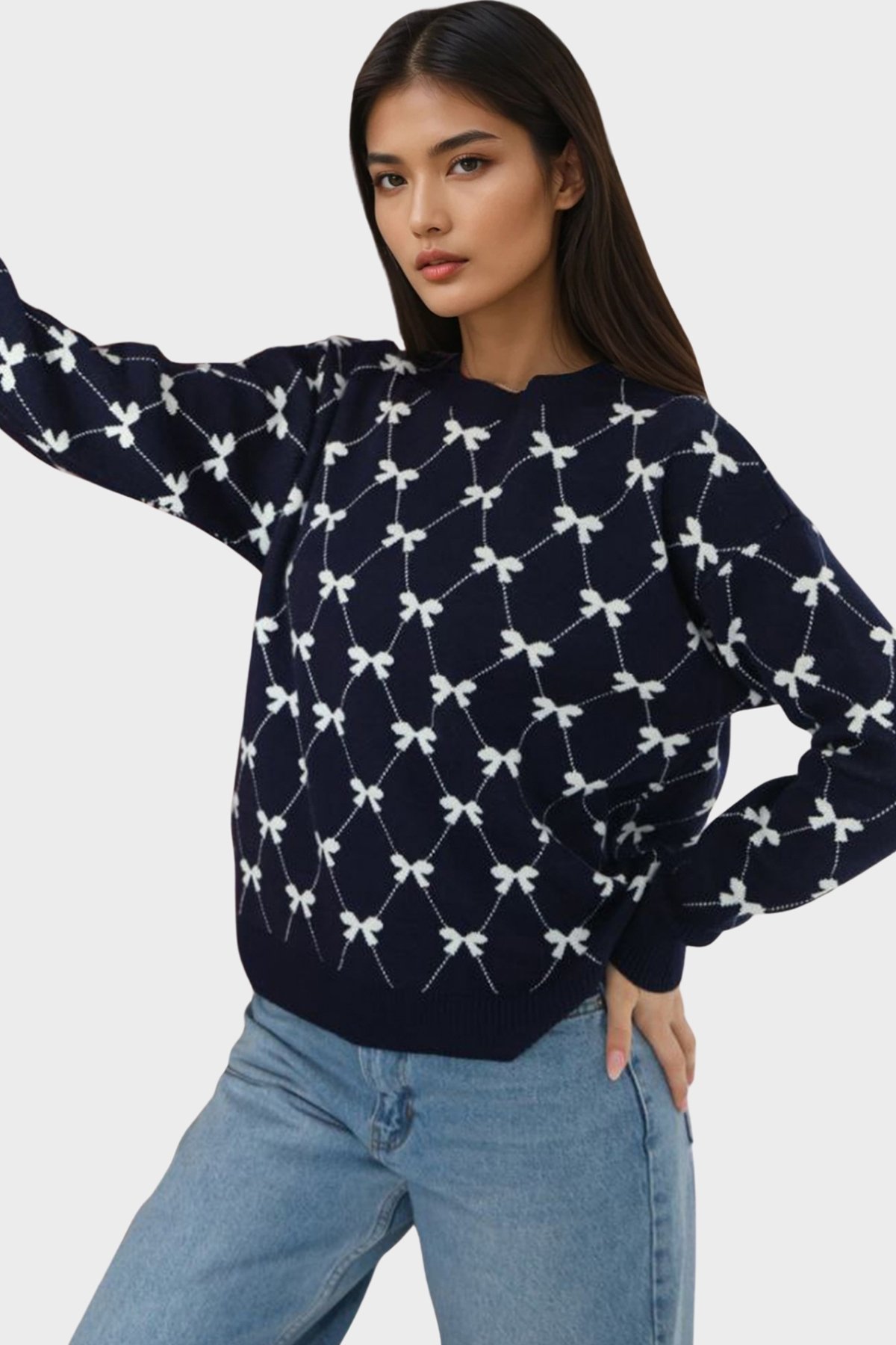 Kadın Lacivert Bisiklet Yaka Kurdale Desenli Triko Kazak Alc-X14822