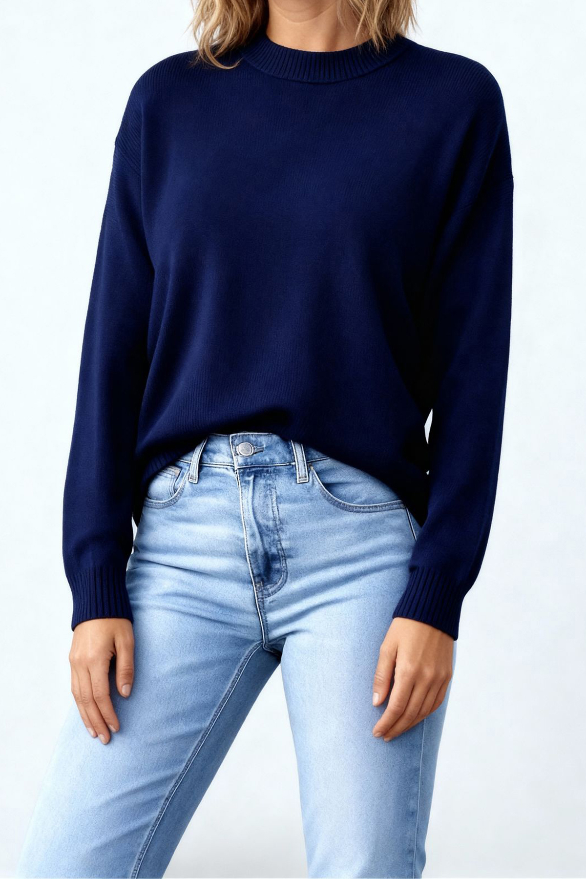 Kadın Lacivert Bisiklet Yaka Oversize Triko Kazak Alc-X14901