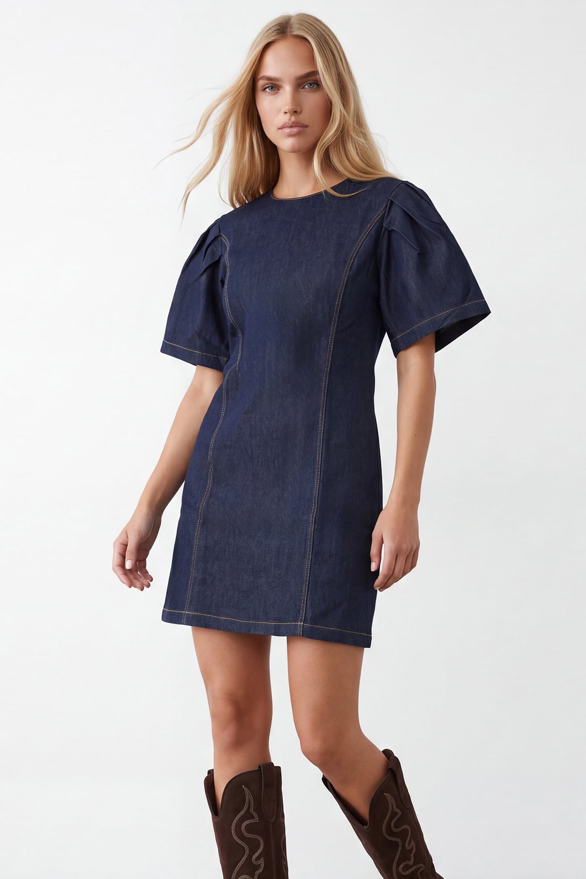 Kadın Lacivert Büzgülü Kollu Denim Elbise Alc-X15985