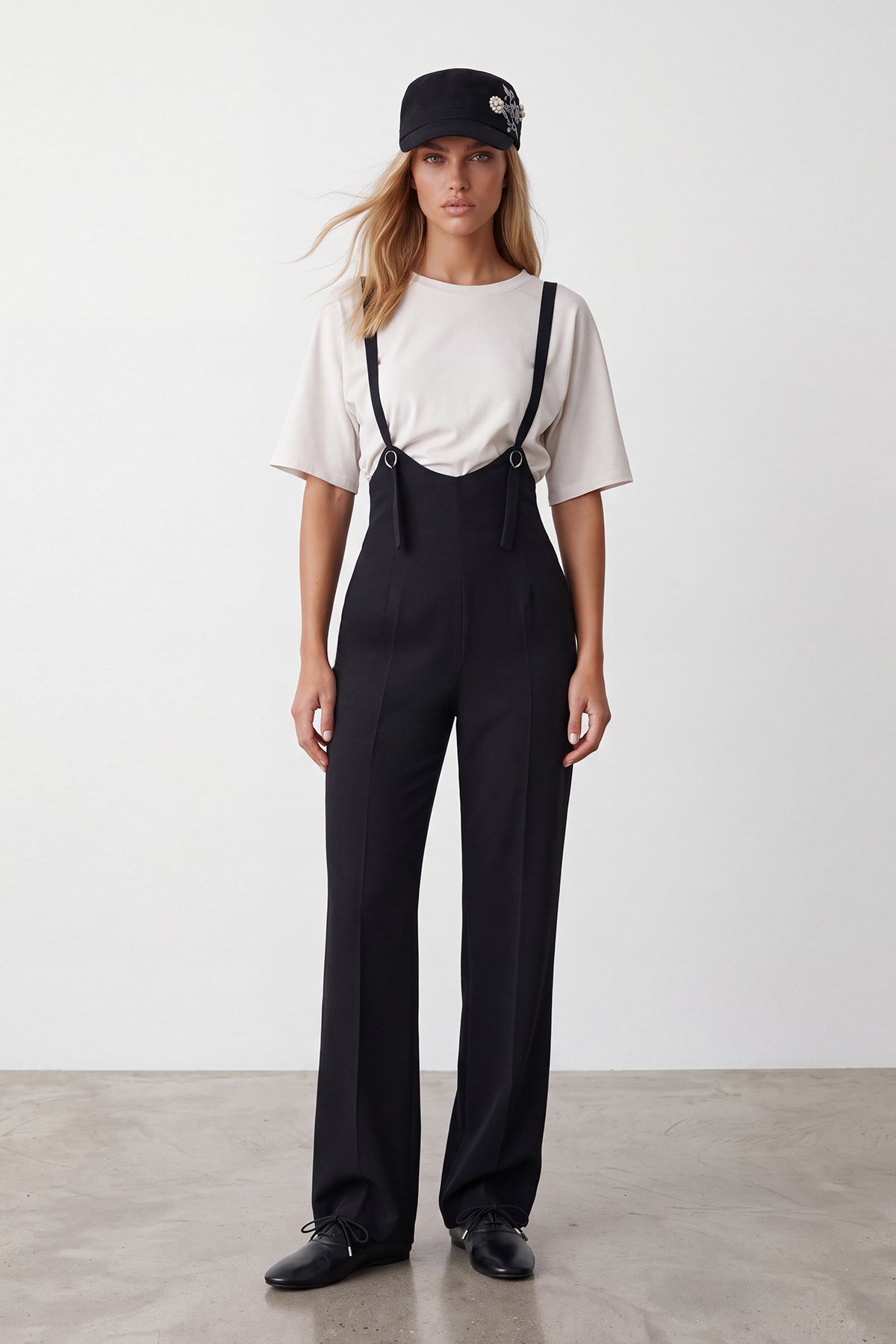 Kadın Lacivert Çift Cepli Askılı Likralı Salopet Tulum ALC-X11539