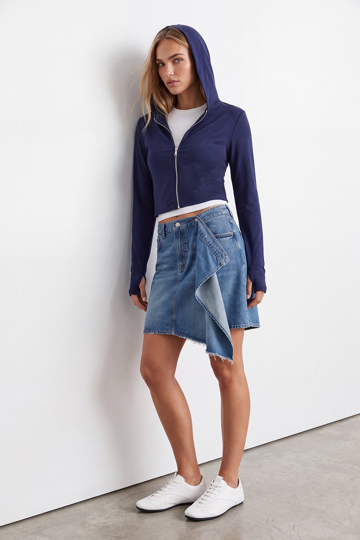 Kadın Lacivert Çift Cepli Parmak Geçmeli Fermuarlı Kapüşonlu Modal Sweatshirt Alc-X15730