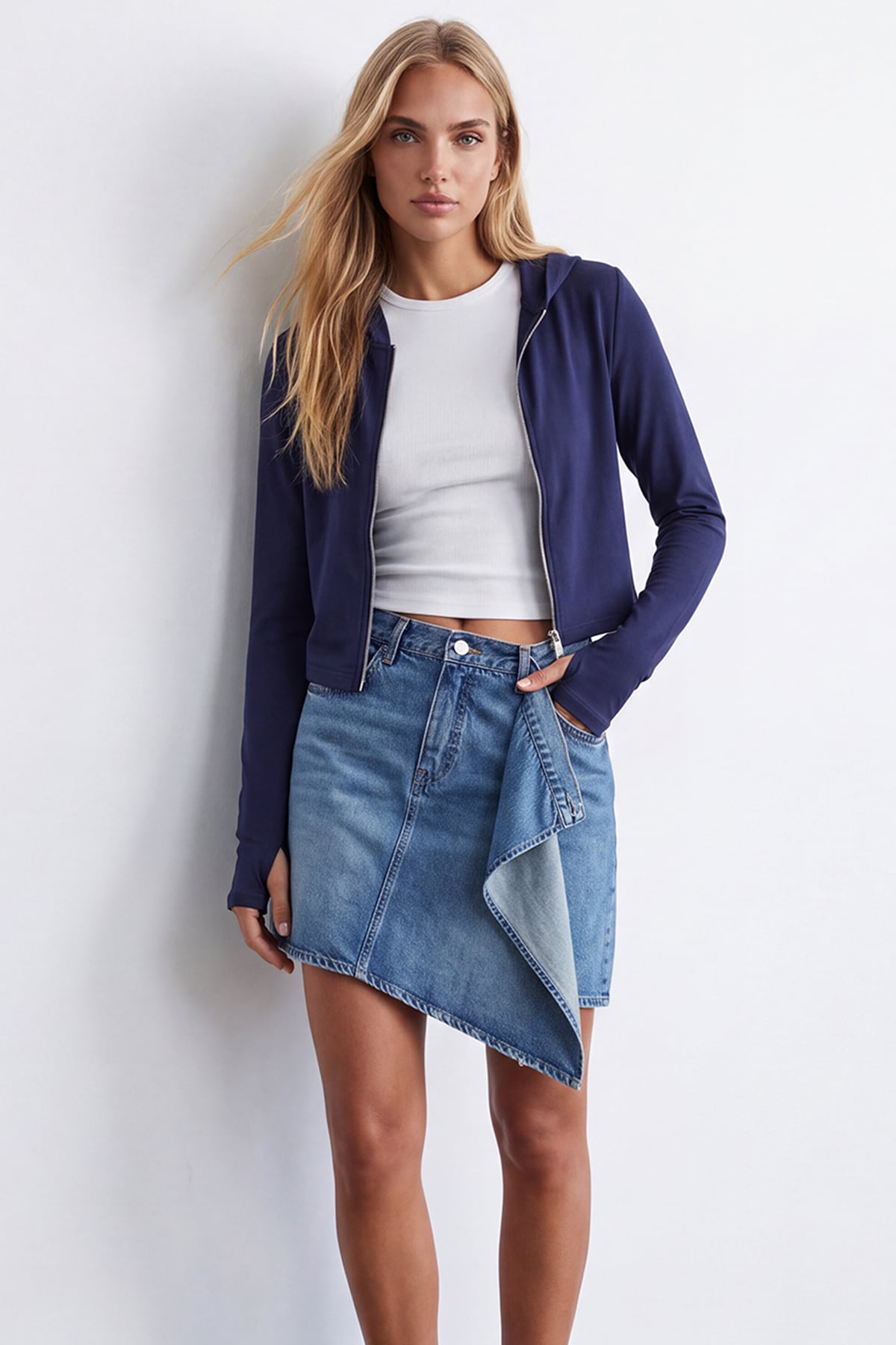 Kadın Lacivert Çift Cepli Parmak Geçmeli Fermuarlı Kapüşonlu Modal Sweatshirt Alc-X15730