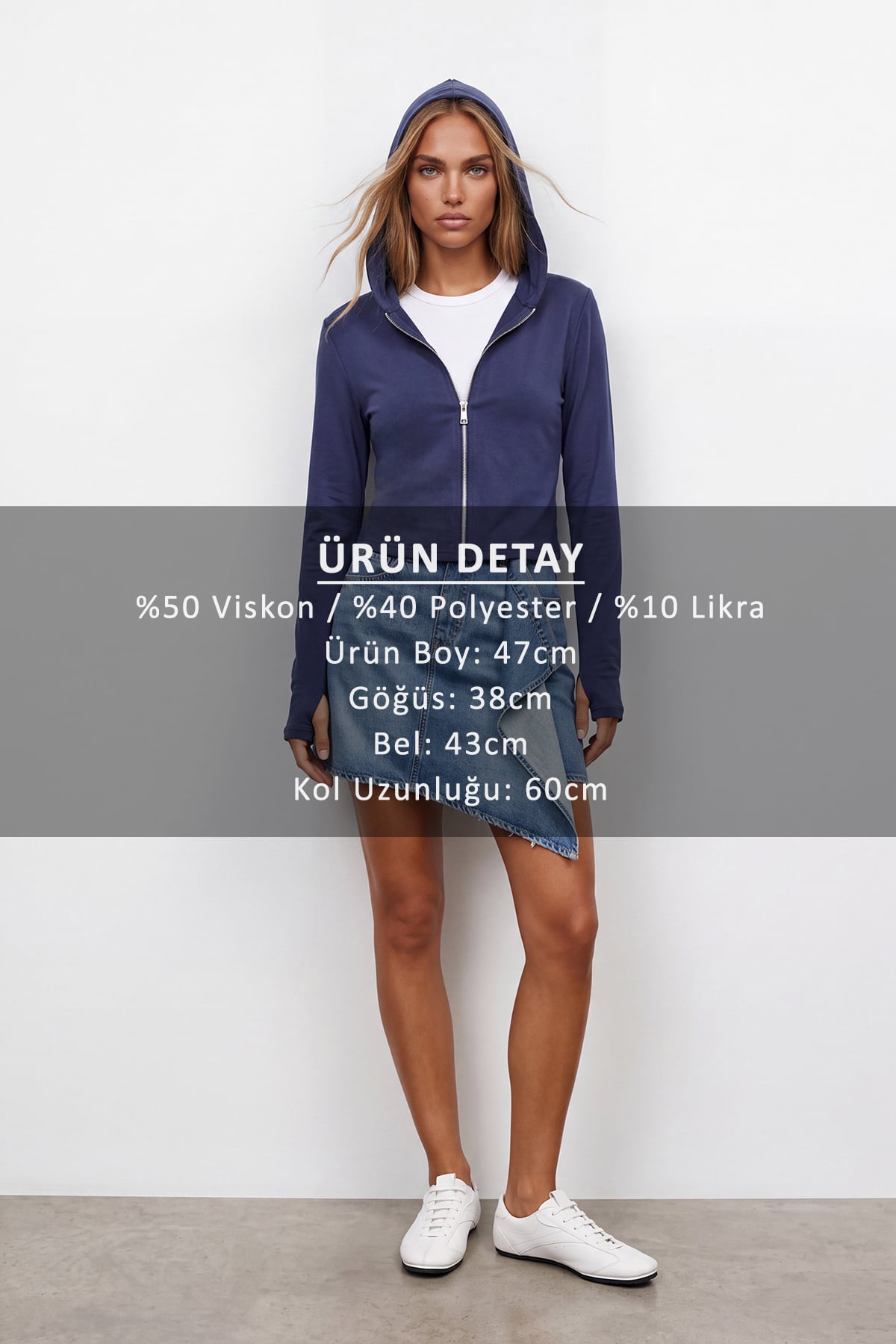 Kadın Lacivert Çift Cepli Parmak Geçmeli Fermuarlı Kapüşonlu Modal Sweatshirt Alc-X15730