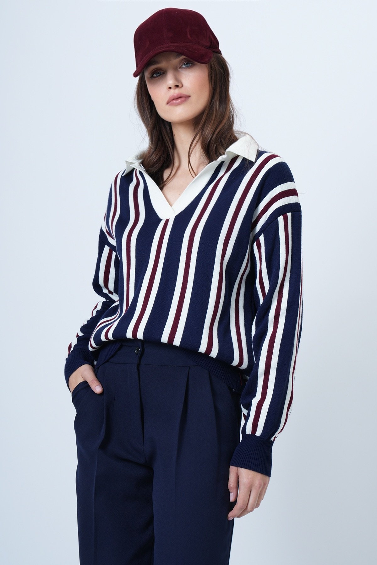 Kadın LACİVERT-ÇİZGİLİ Polo Yaka Çizgili Triko Kazak VS01463