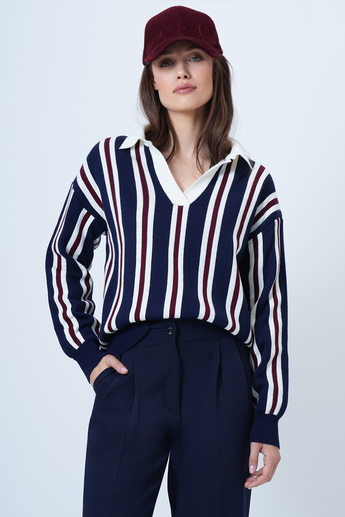 Kadın LACİVERT-ÇİZGİLİ Polo Yaka Çizgili Triko Kazak VS01463