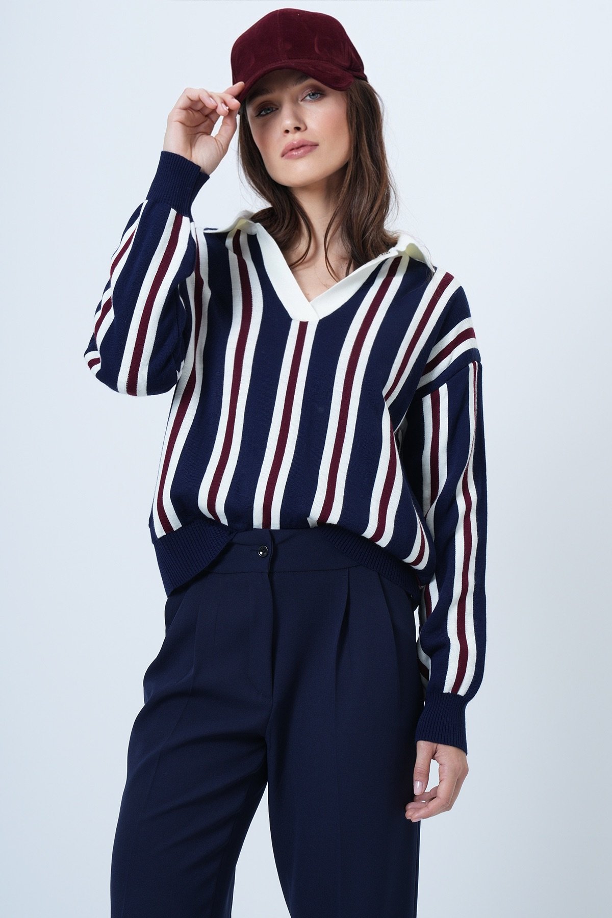 Kadın LACİVERT-ÇİZGİLİ Polo Yaka Çizgili Triko Kazak VS01463