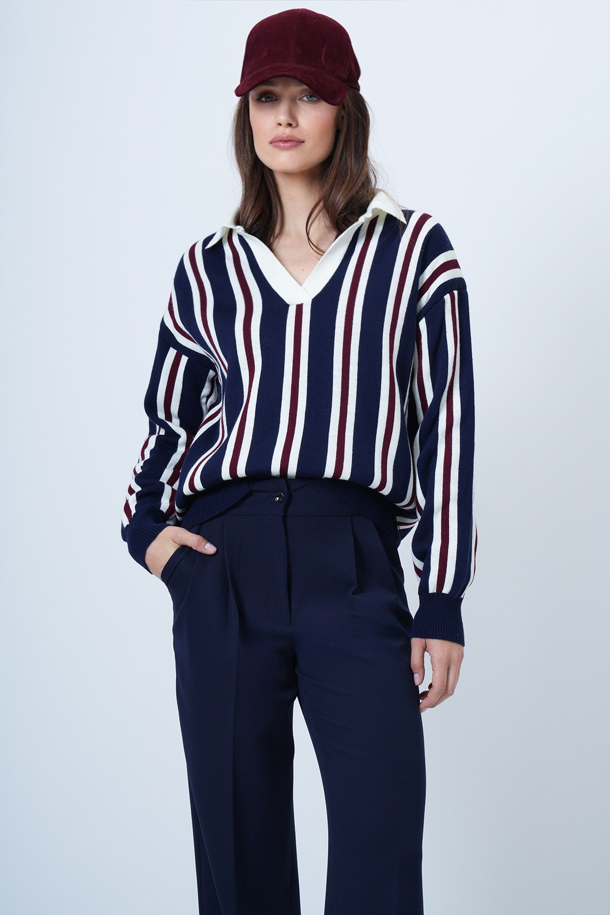 Kadın LACİVERT-ÇİZGİLİ Polo Yaka Çizgili Triko Kazak VS01463