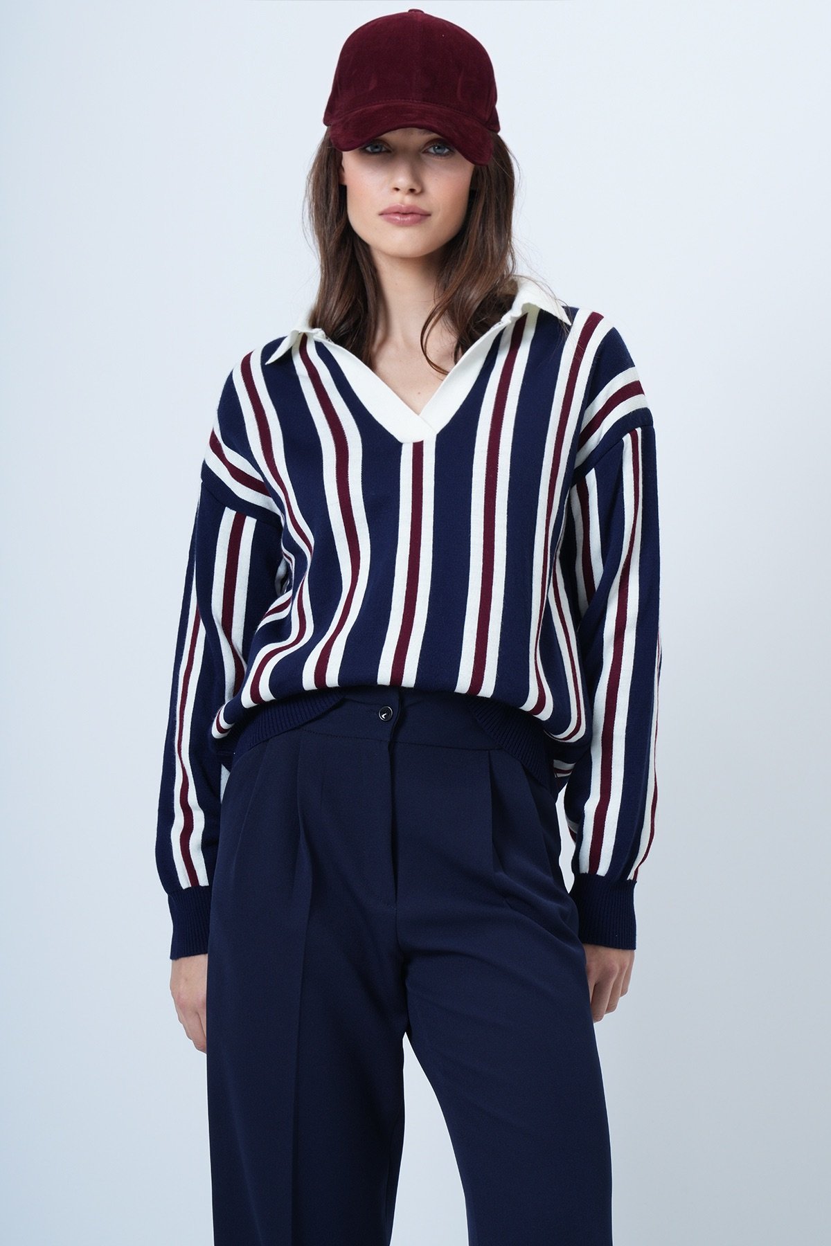 Kadın LACİVERT-ÇİZGİLİ Polo Yaka Çizgili Triko Kazak VS01463