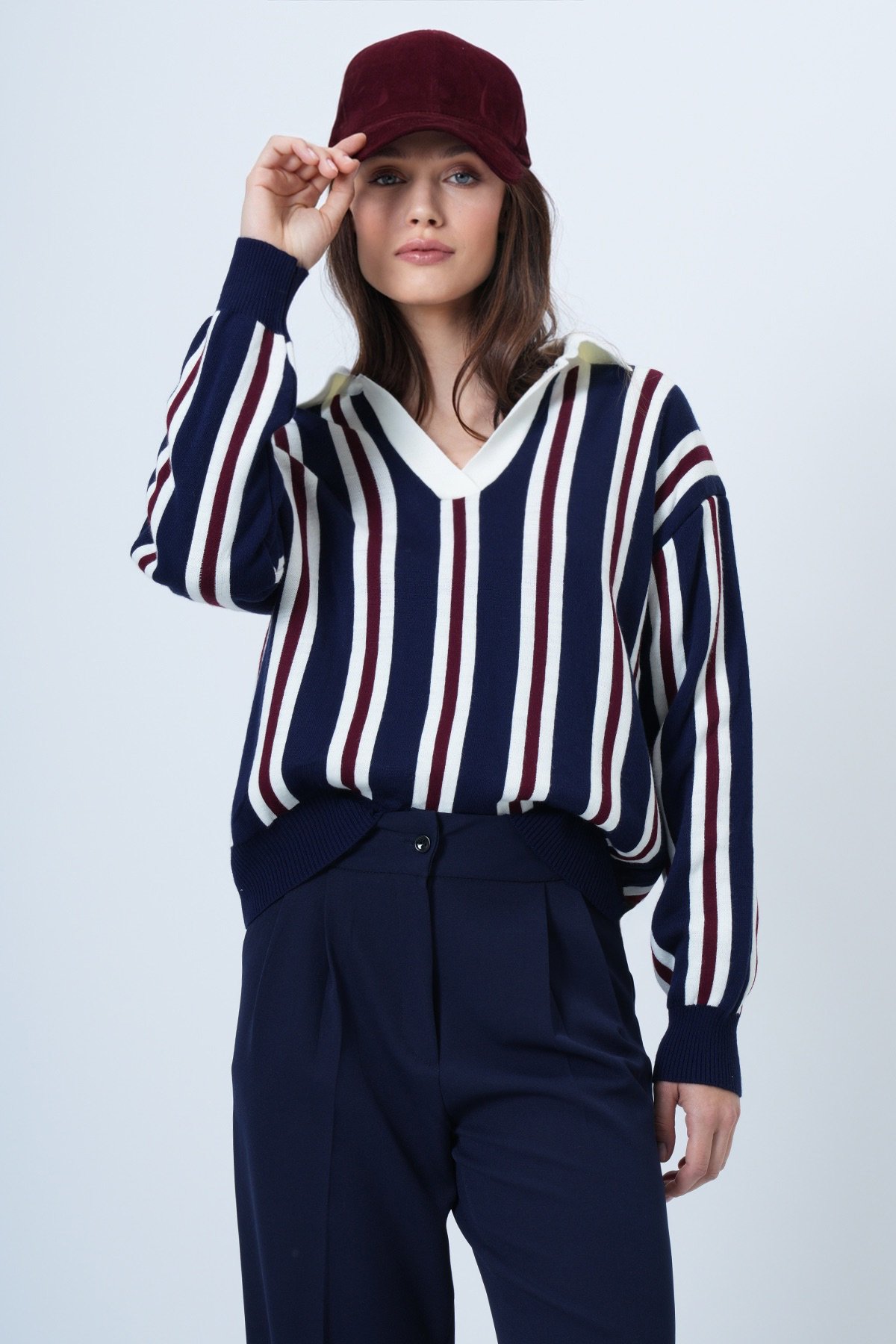 Kadın LACİVERT-ÇİZGİLİ Polo Yaka Çizgili Triko Kazak VS01463