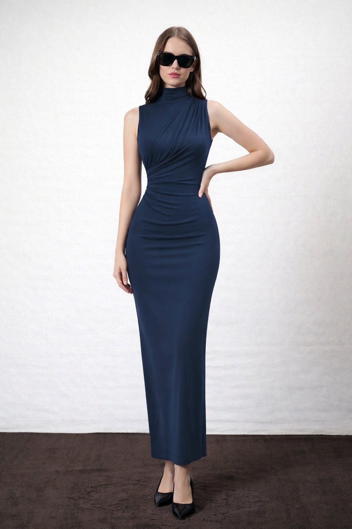 Kadın LACİVERT DİK YAKA DRAPE DETAYLI YIRTMAÇLI SANDY ELBİSE ALC-X15244