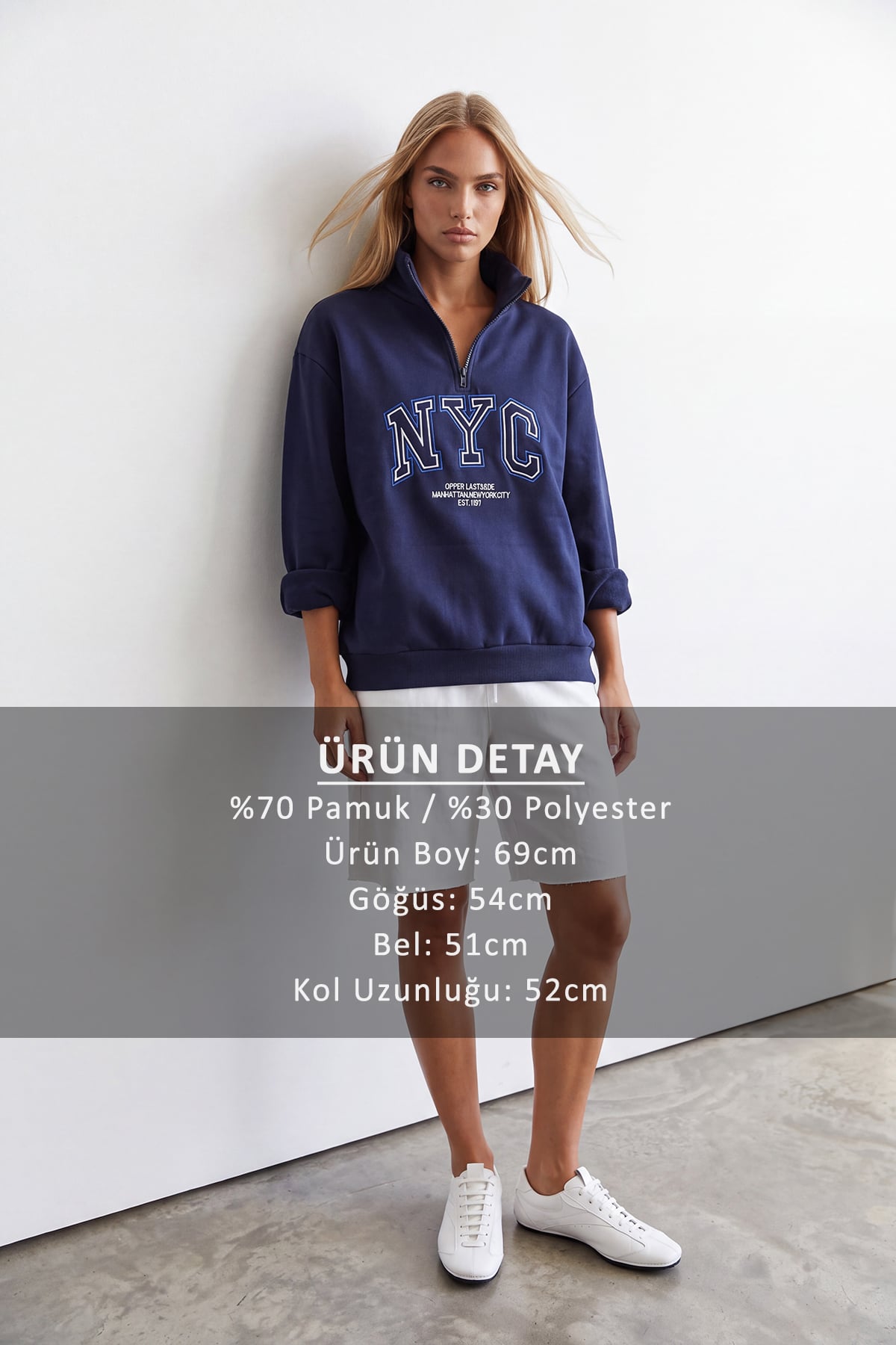 Kadın Lacivert Dik Yaka Fermuarlı 3 İplik İçi Şardonlu Ve Nakışlı Sweatshirt Alc-X15725