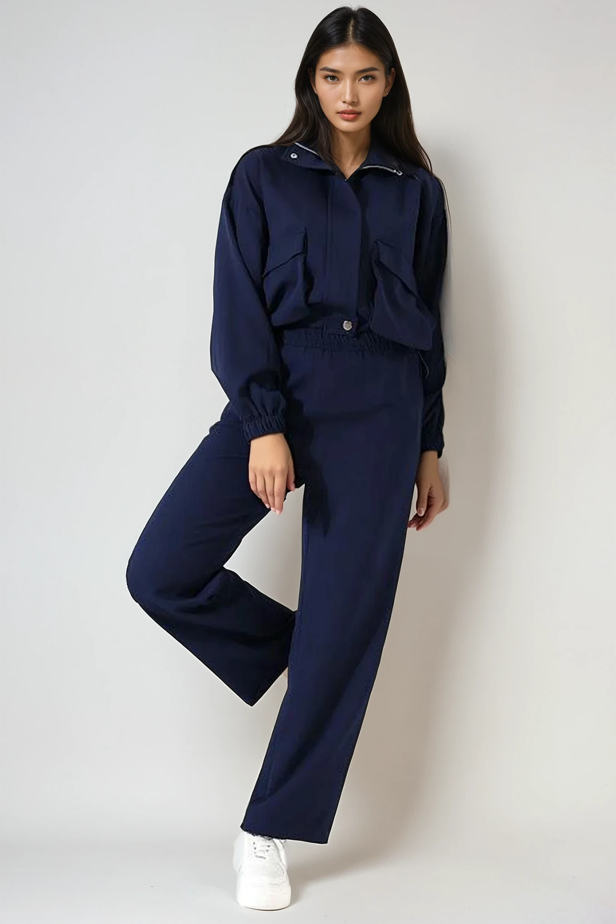 Kadın Lacivert Dik Yaka Torba Cepli Crop Ceket Ve Pantolon Takım Alc-X14736