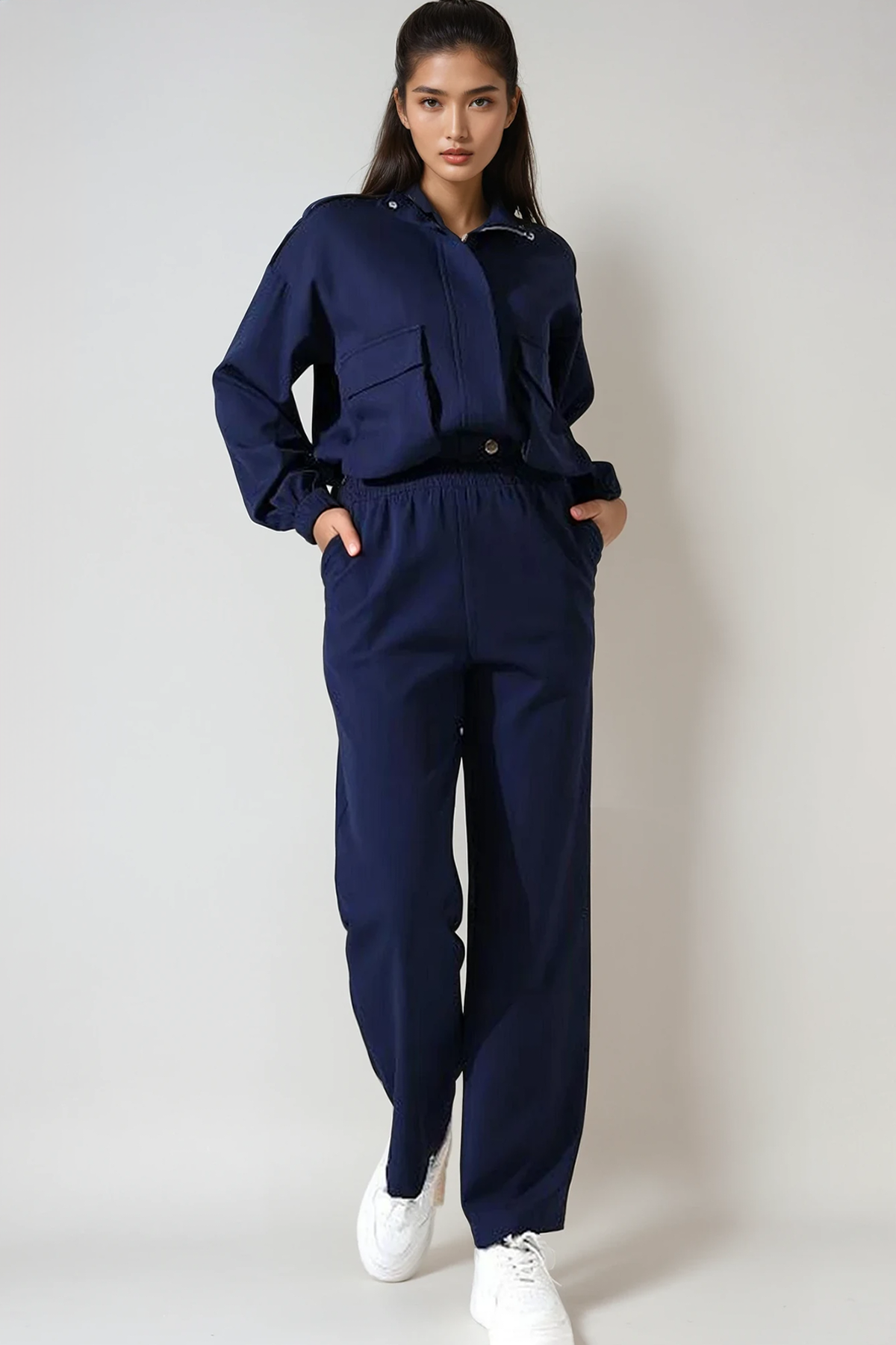 Kadın Lacivert Dik Yaka Torba Cepli Crop Ceket Ve Pantolon Takım Alc-X14736