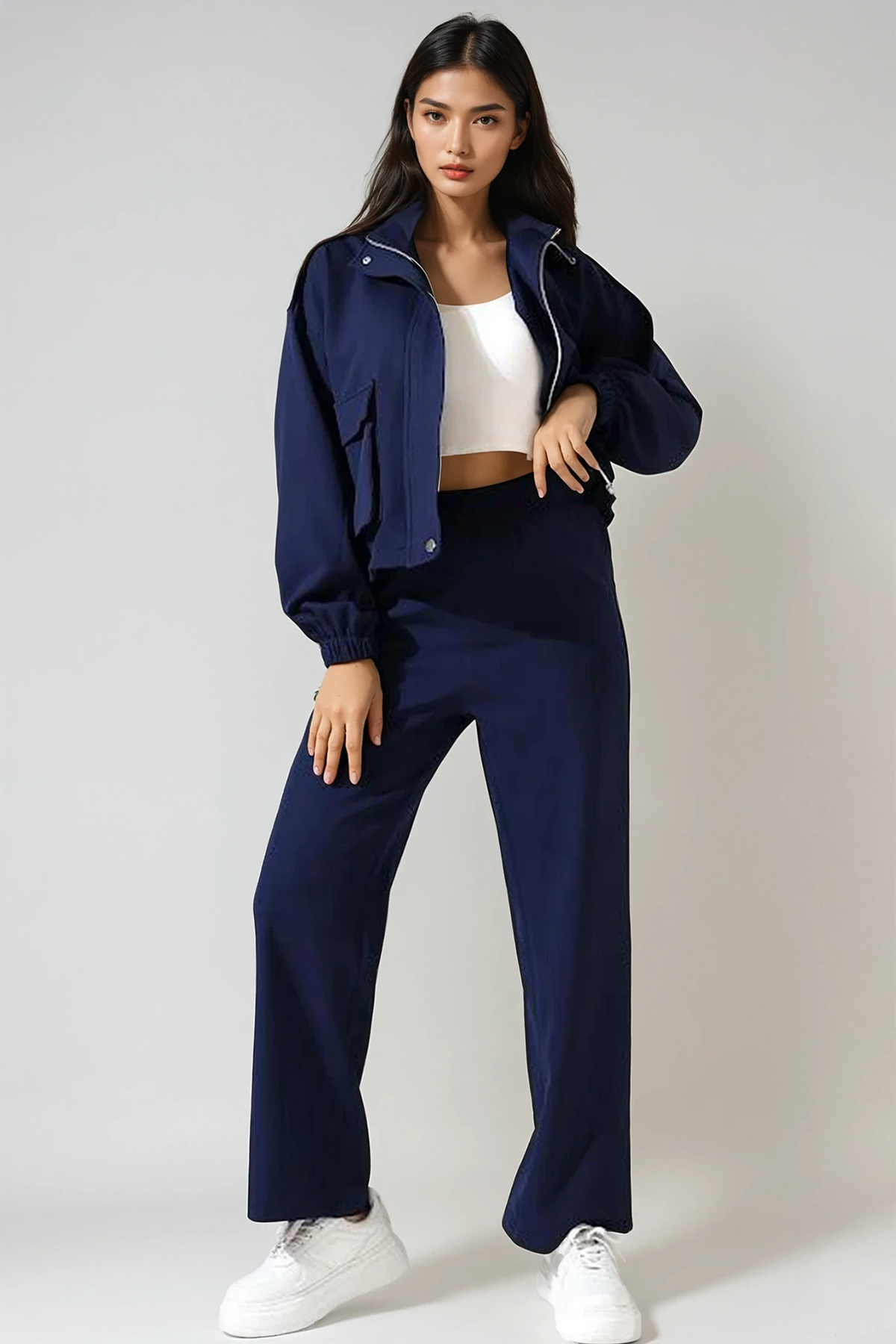 Kadın Lacivert Dik Yaka Torba Cepli Crop Ceket Ve Pantolon Takım Alc-X14736