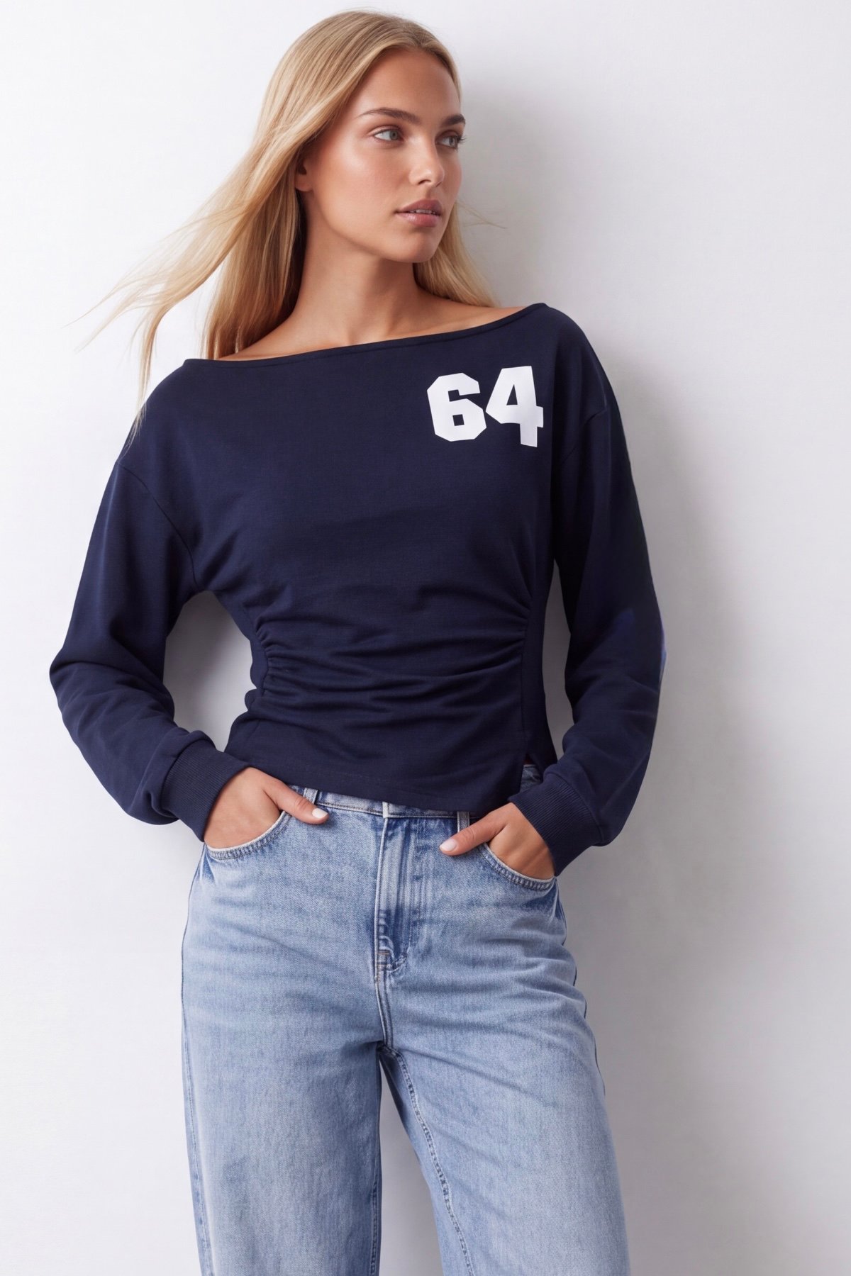 Kadın Lacivert Kayık Yaka Ön Arka Baskılı Dırape Detaylı Üç İplik Sweatshirt Alc-X15959