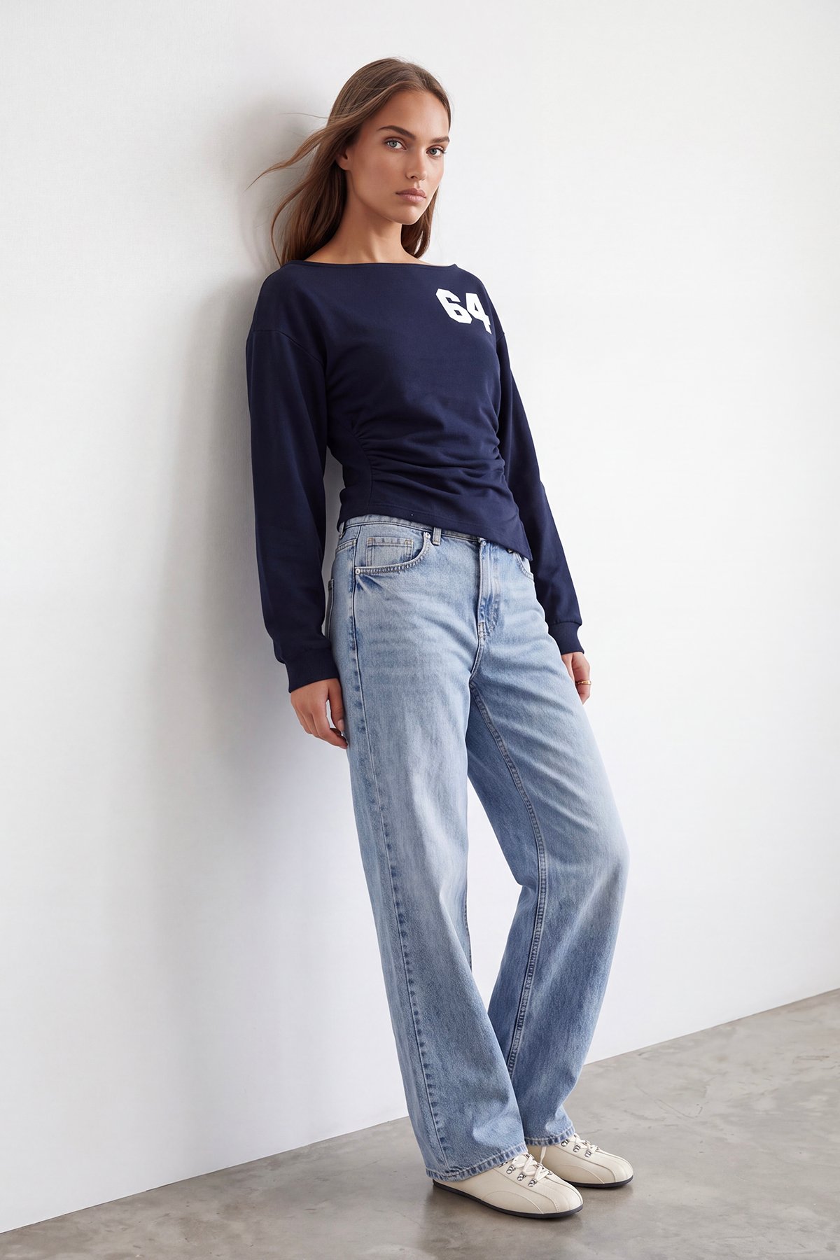 Kadın Lacivert Kayık Yaka Ön Arka Baskılı Dırape Detaylı Üç İplik Sweatshirt Alc-X15959