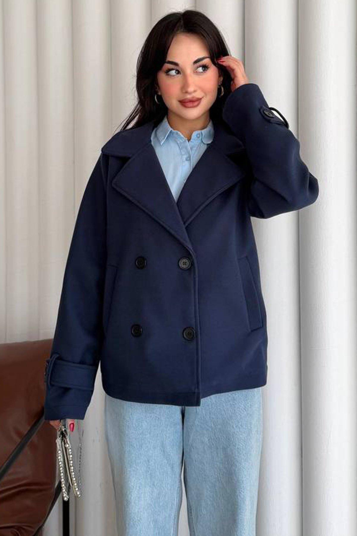 Kadın LACİVERT Kruvaze Yaka Çift Cepli Düğmeli Kaban VS01632