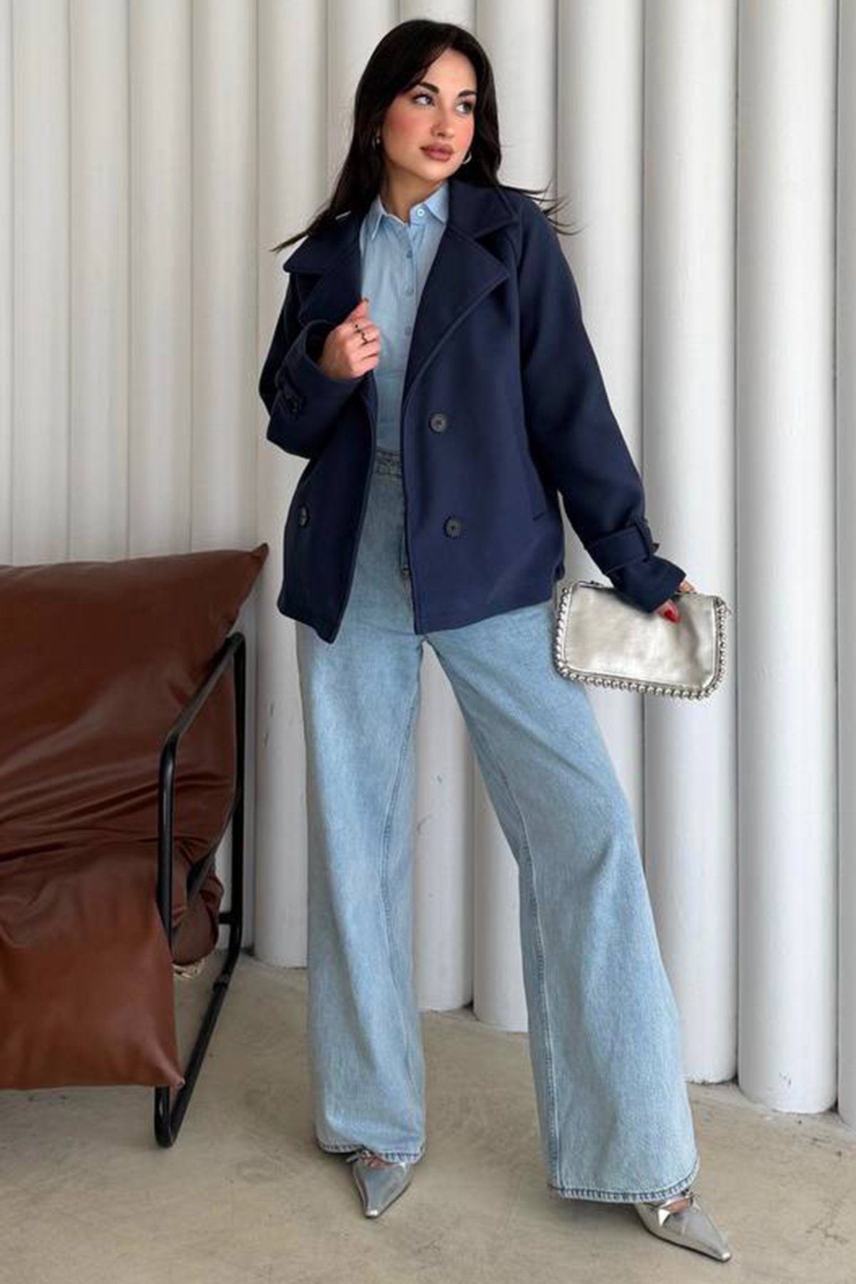 Kadın LACİVERT Kruvaze Yaka Çift Cepli Düğmeli Kaban VS01632
