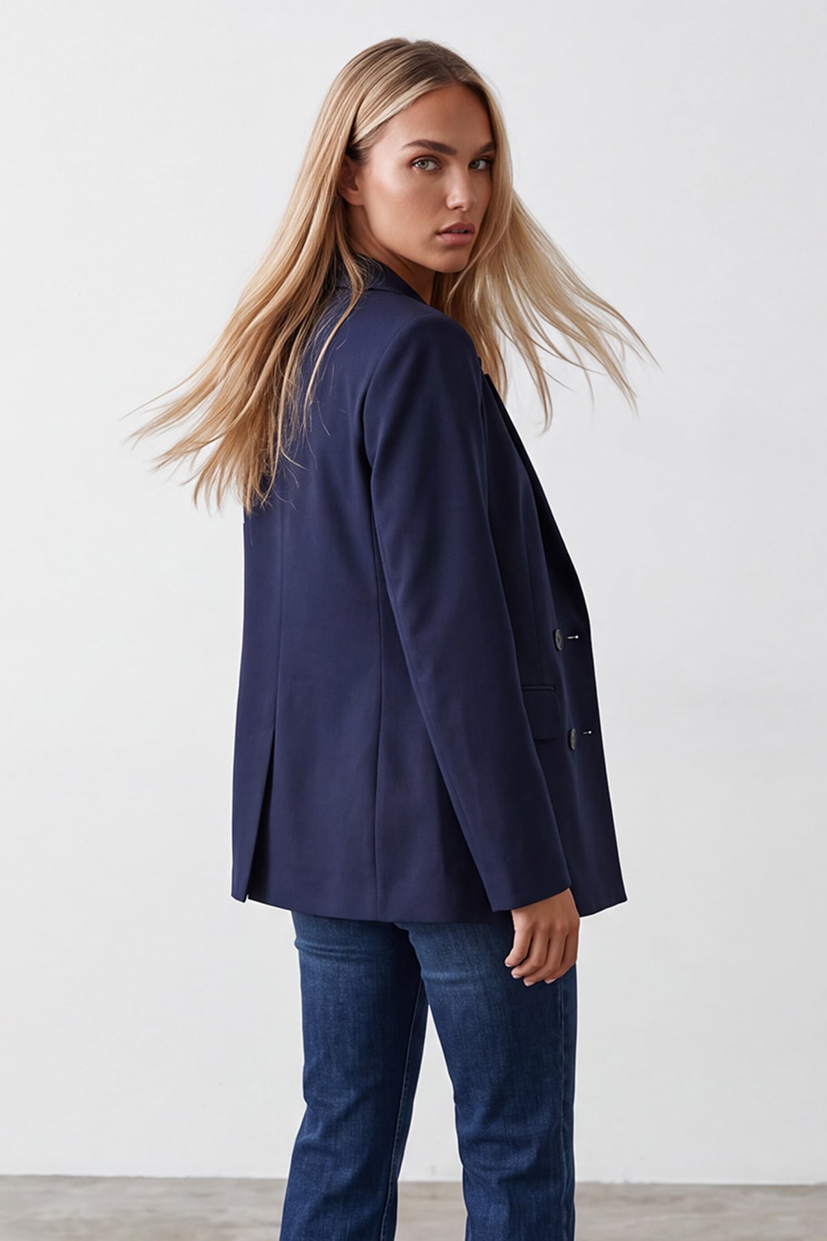 Kadın Lacivert Kruvaze Yaka Düğmeli Blazer Ceket Alc-X15732